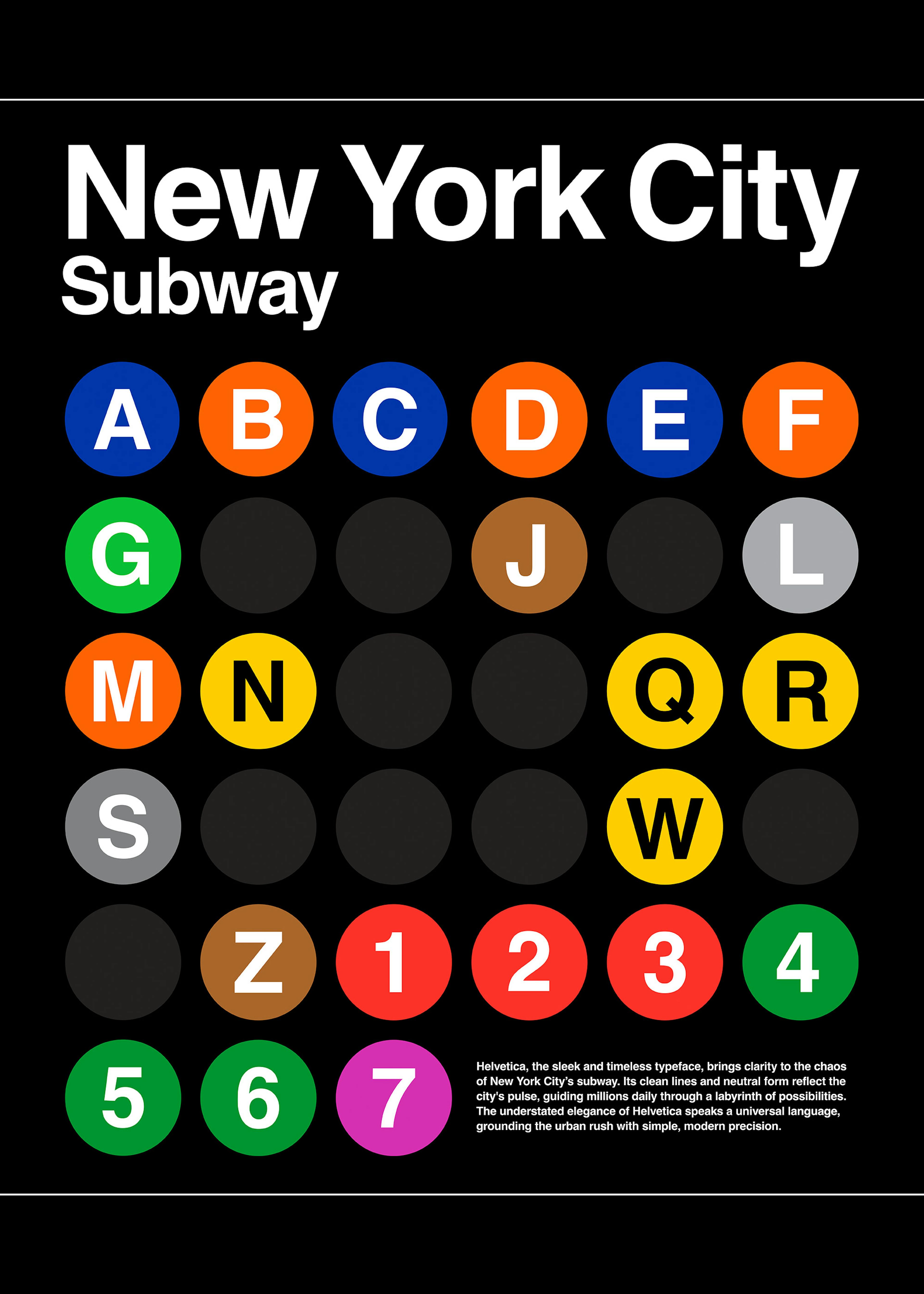 Poster: New York City Subway Logo mit Buchstaben und Zahlen in farbigen Kreisen auf schwarzem Hintergrund.