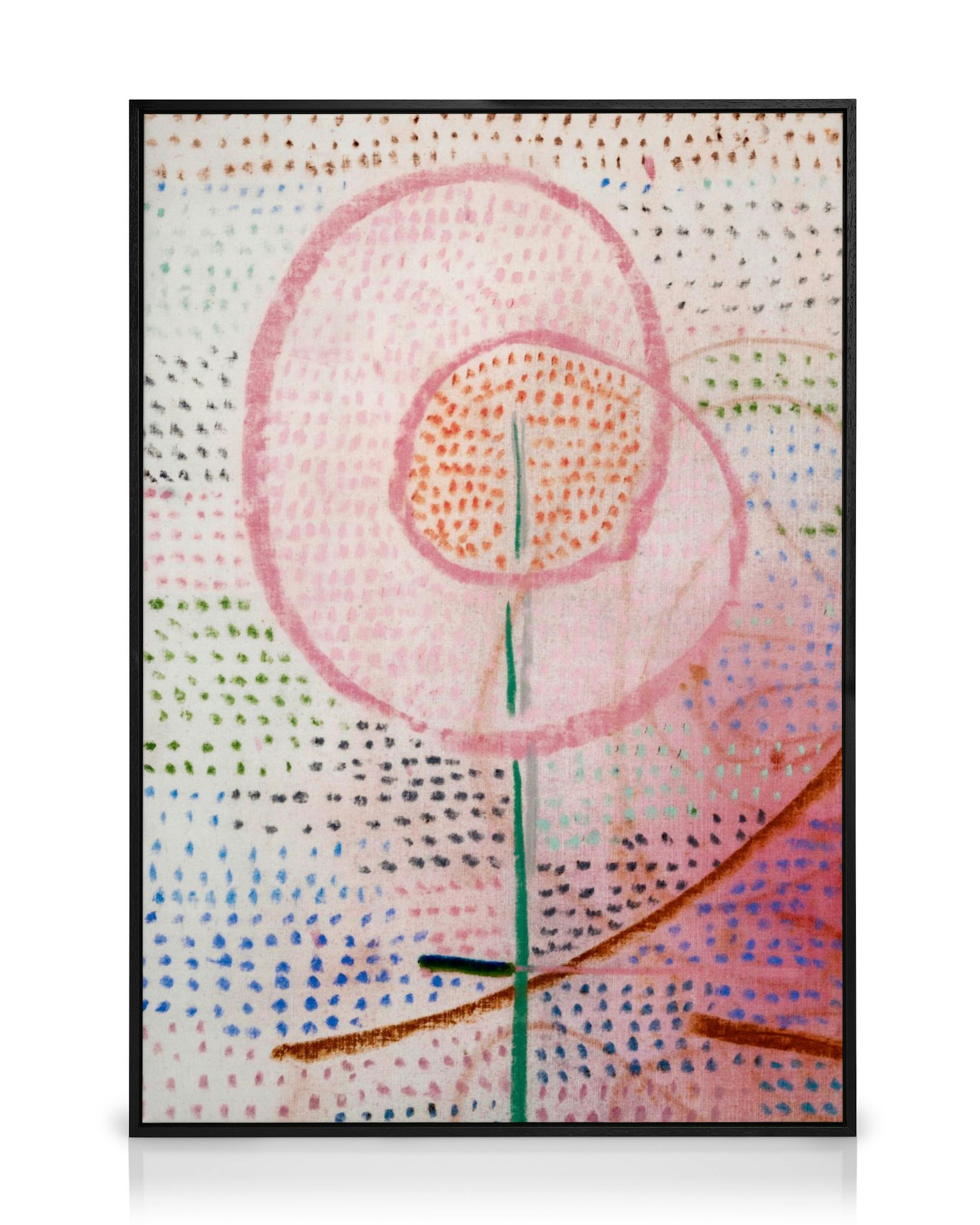 Pânză cu o floare roz deschis stilizată, cu petale punctate și fundal cu puncte colorate.