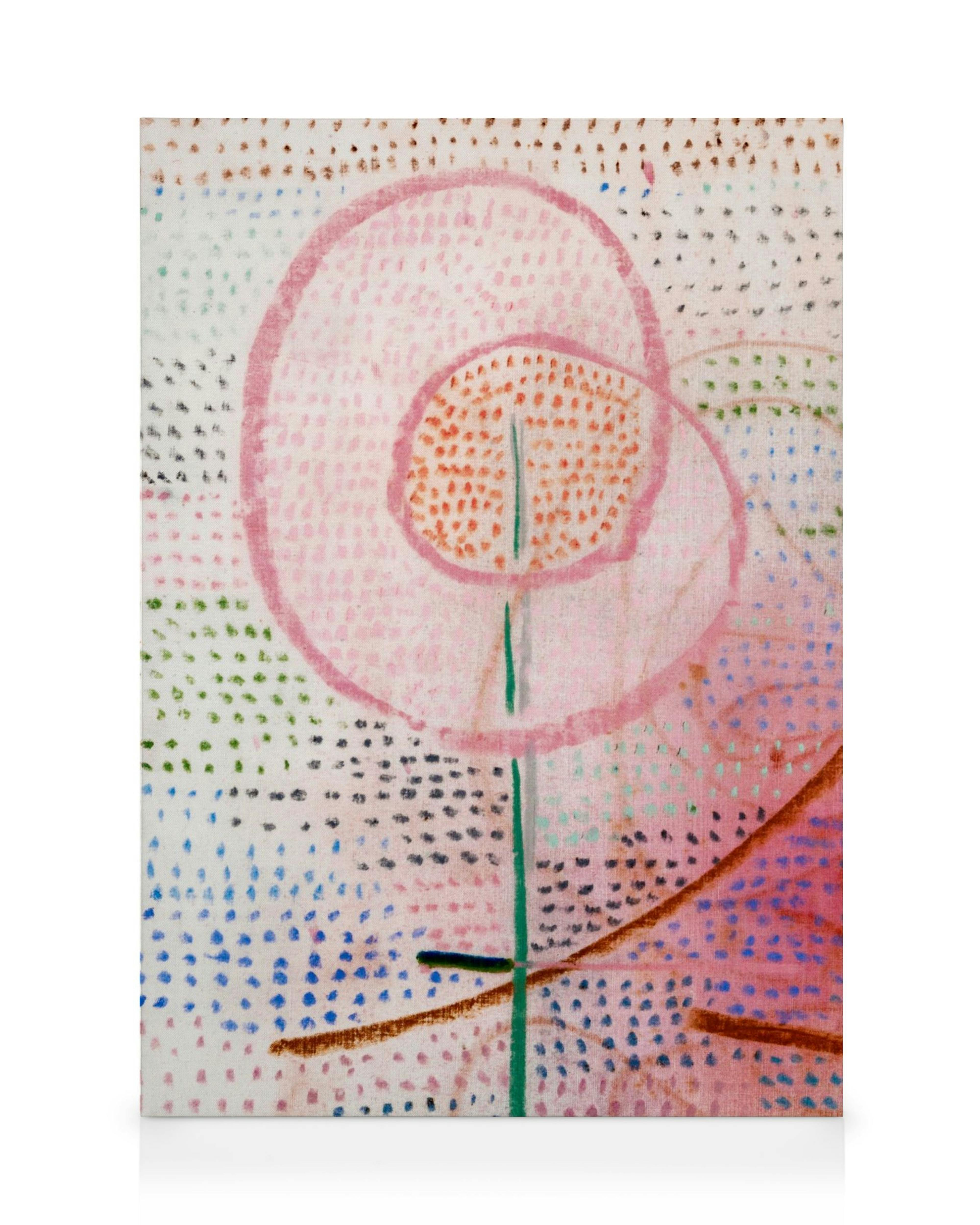 A canvas featuring an abstract flower with pink dots and outlines, green stem, and colorful dotted background.