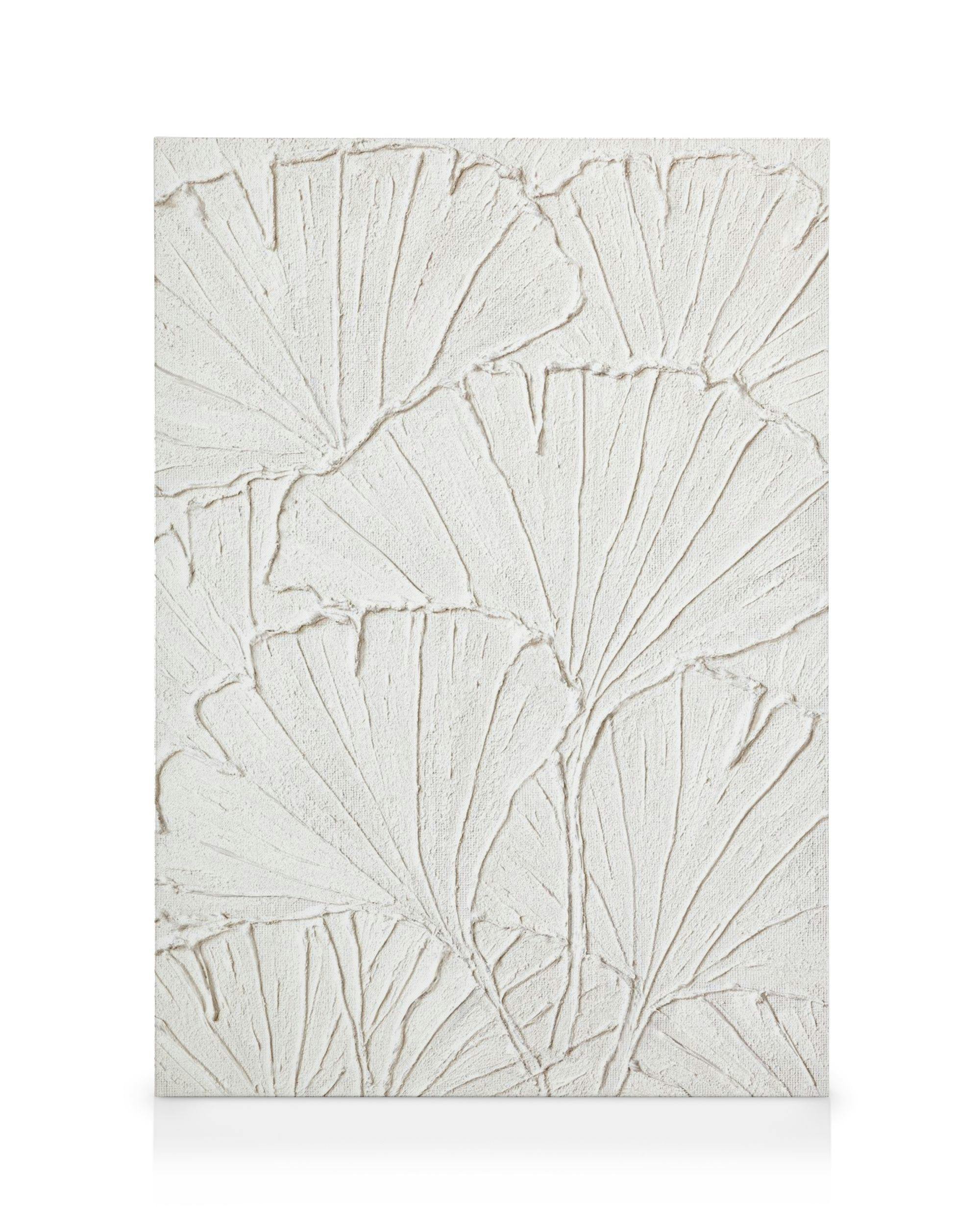 A minimalist white textured canvas with raised, fan-like ginkgo leaf patterns.
