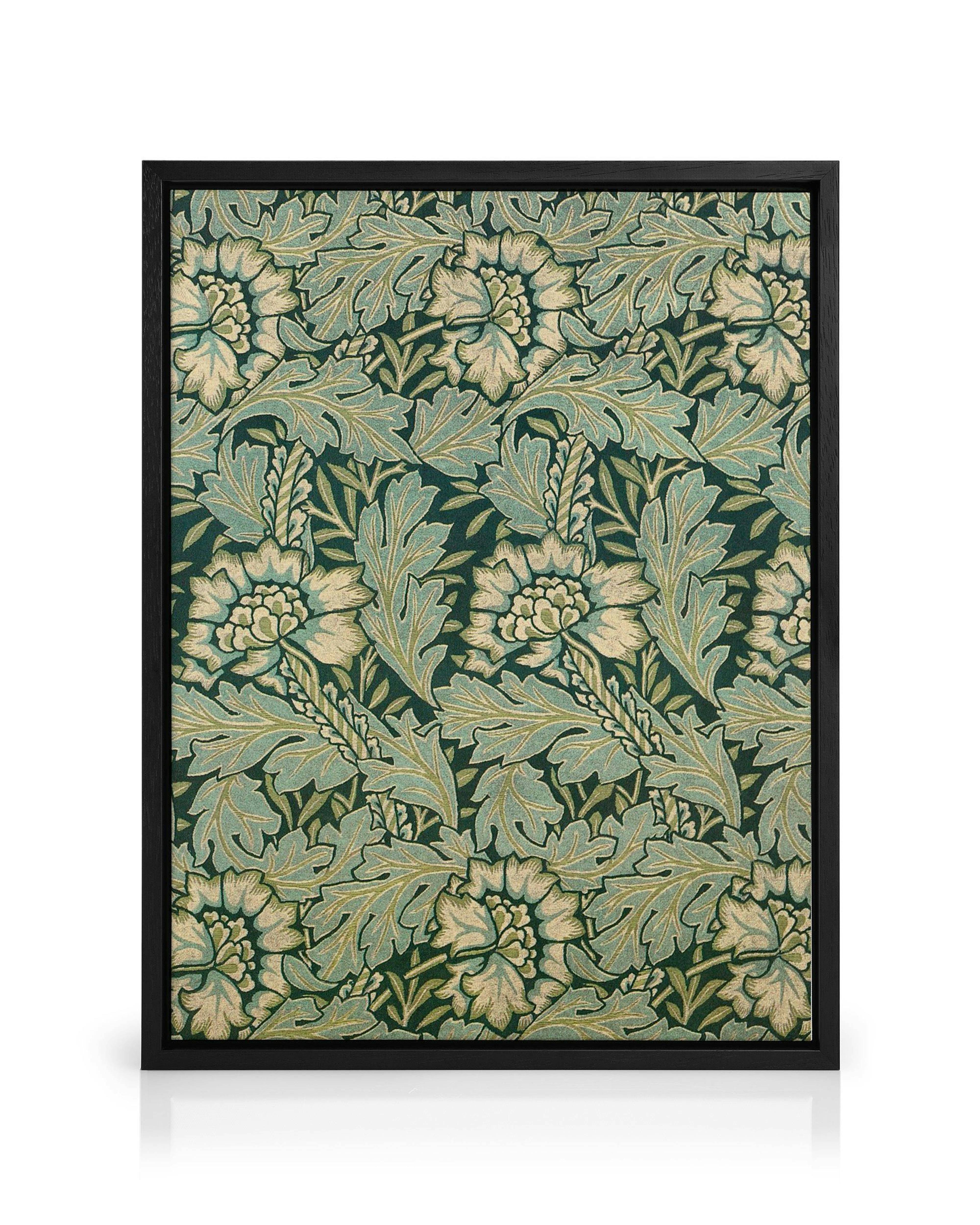 A canvas featuring a repeating pattern of light green and beige floral motifs on a dark green background.
