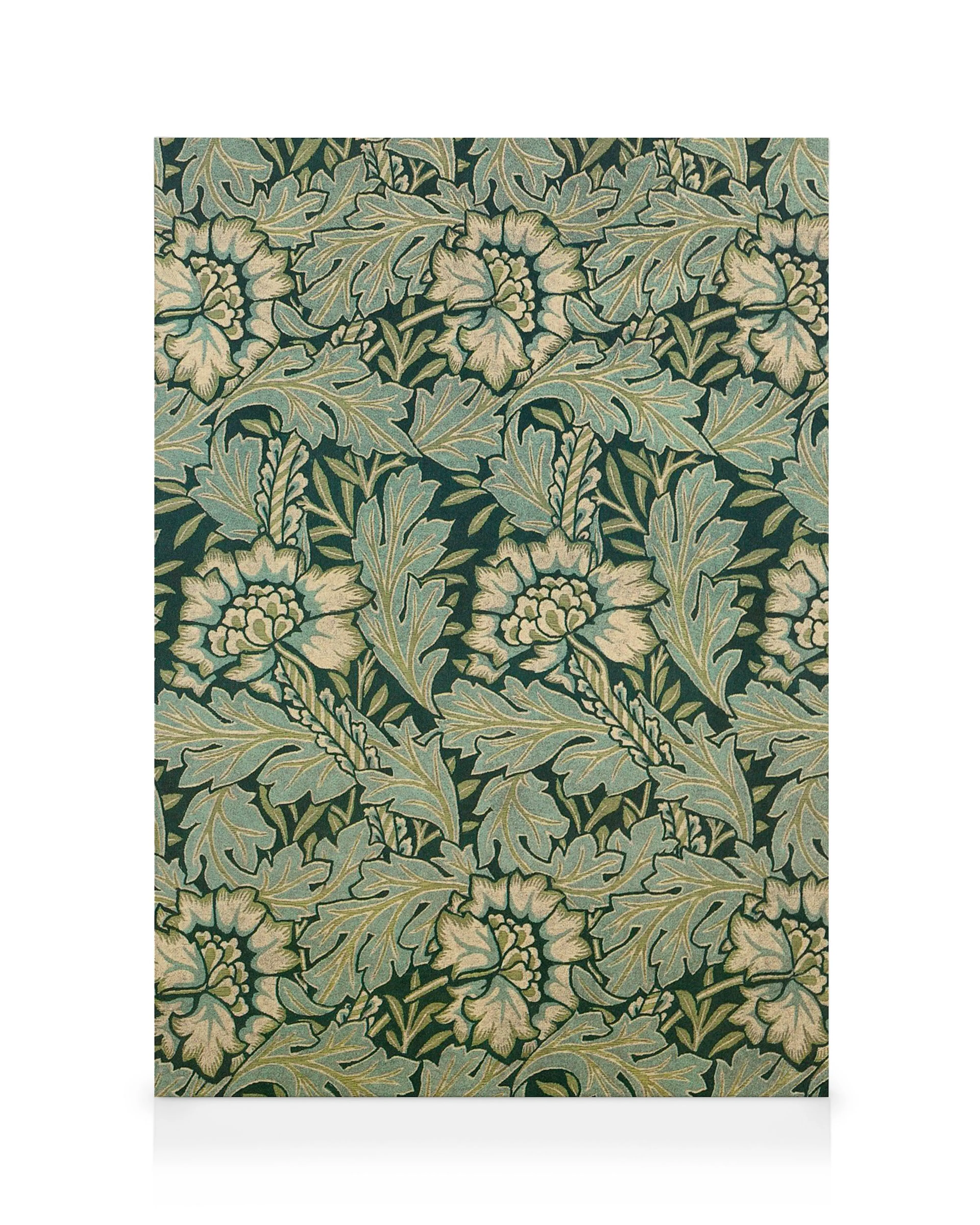 A canvas featuring a repeating pattern of teal leaves and light green flowers on a dark green background, in a vintage style.