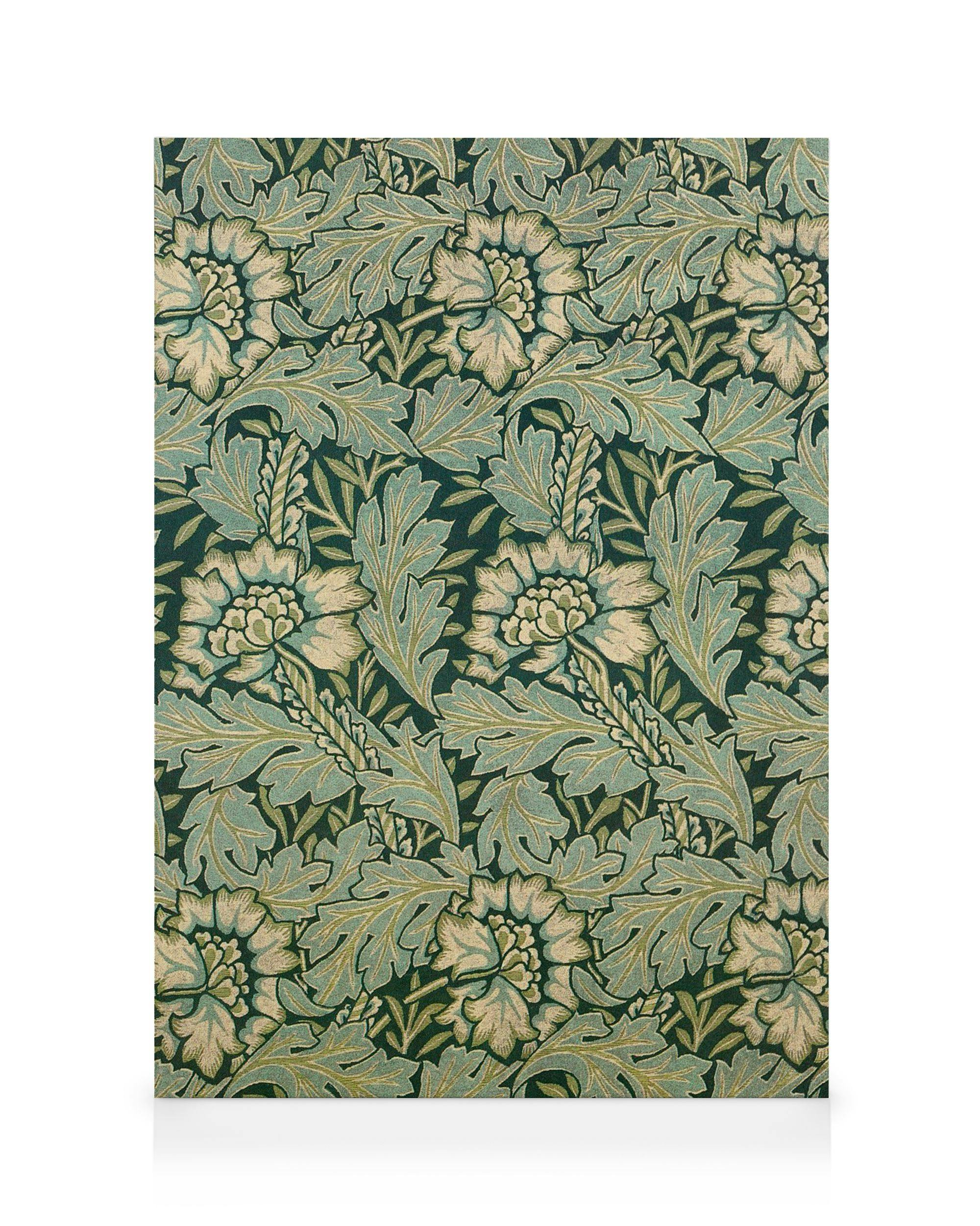 A detailed canvas featuring an intricate floral pattern with light green and beige flowers and leaves on a dark green background