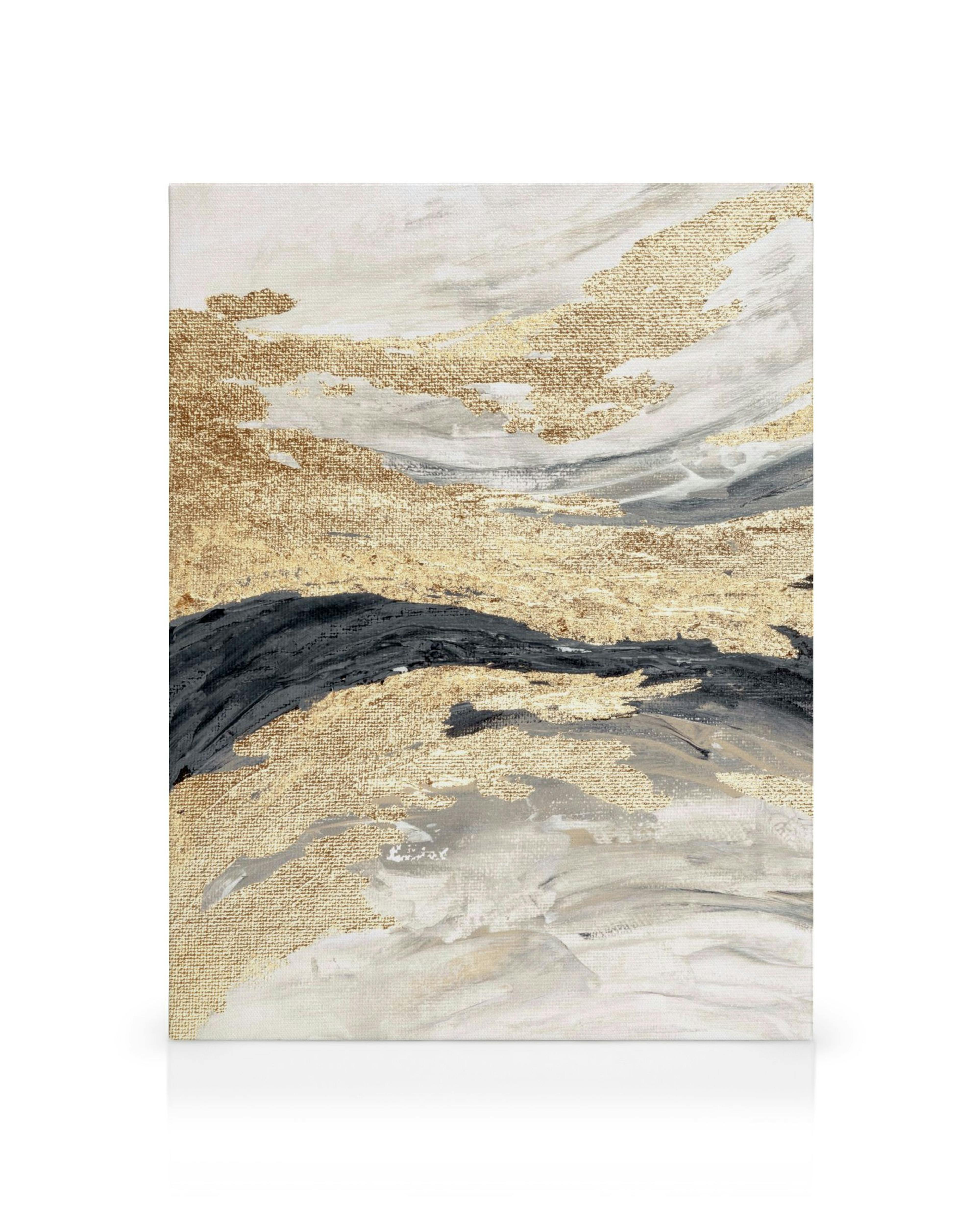 Toile abstraite aux formes dorées texturées, grises et noires sur fond blanc, évoquant des vagues ou paysages.