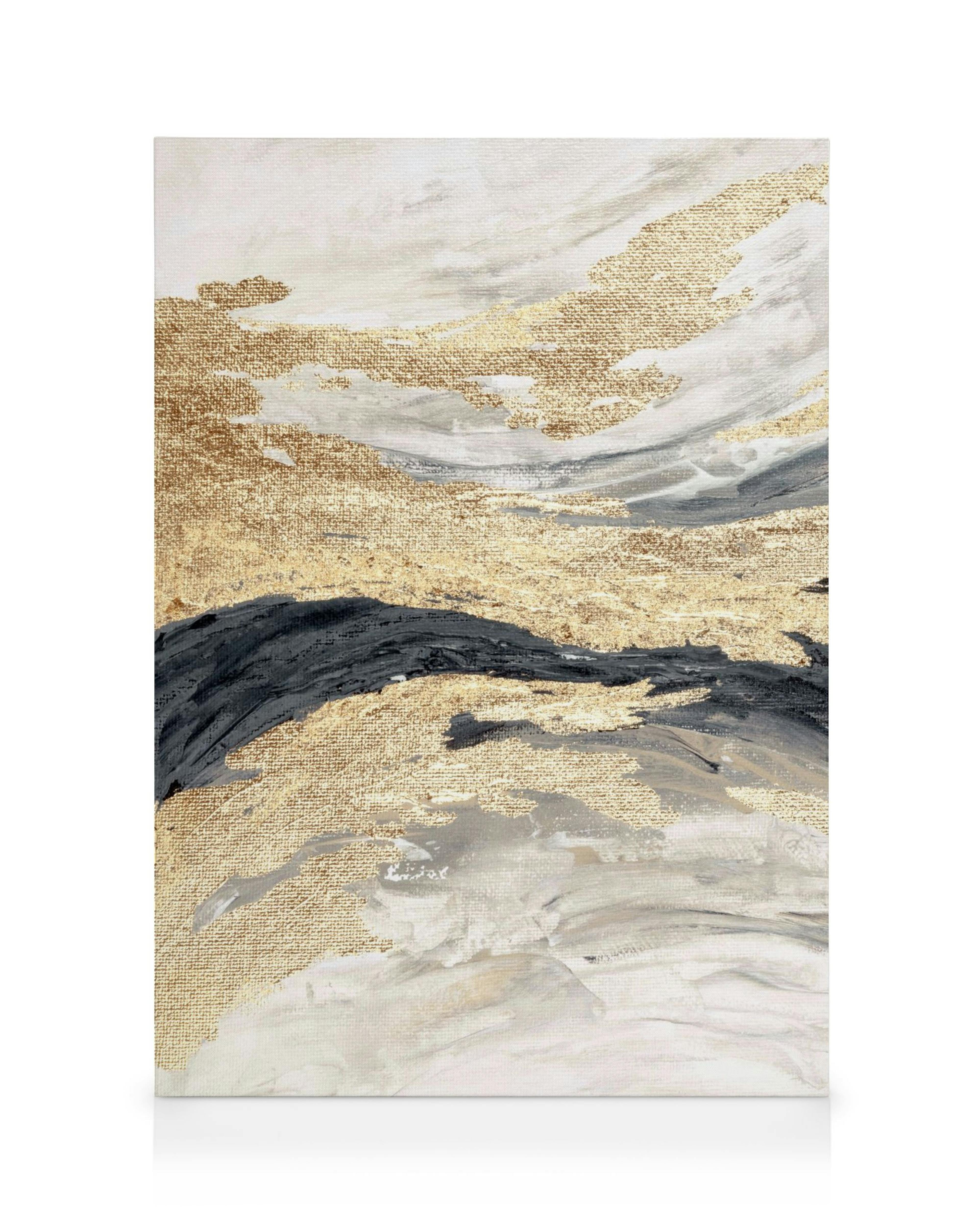 Toile abstraite aux formes dorées texturées, grises et noires sur fond blanc, évoquant des vagues ou paysages.