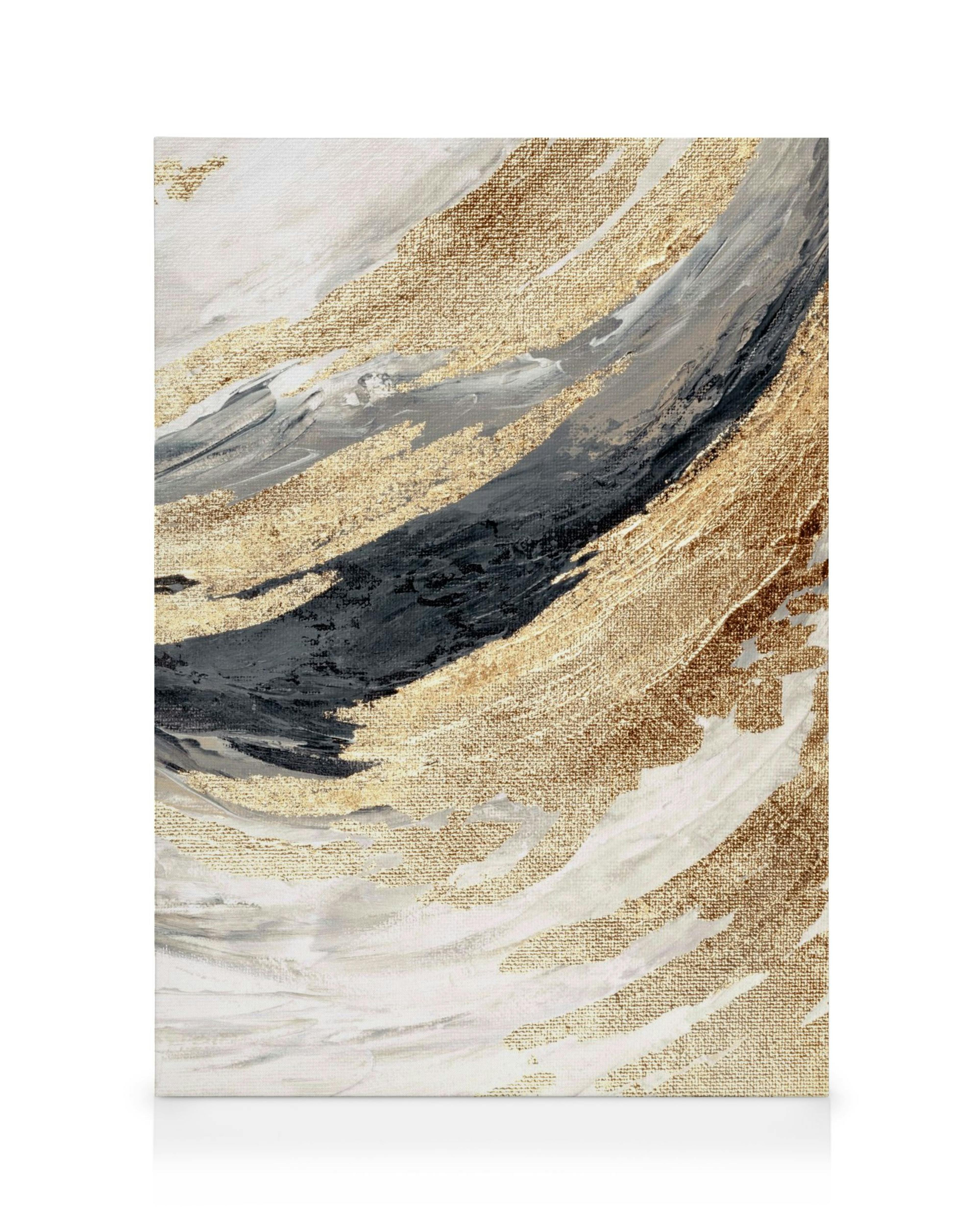 Abstract canvas met goudkleurige lijnen, gecombineerd met witte, grijze en donkere streken.