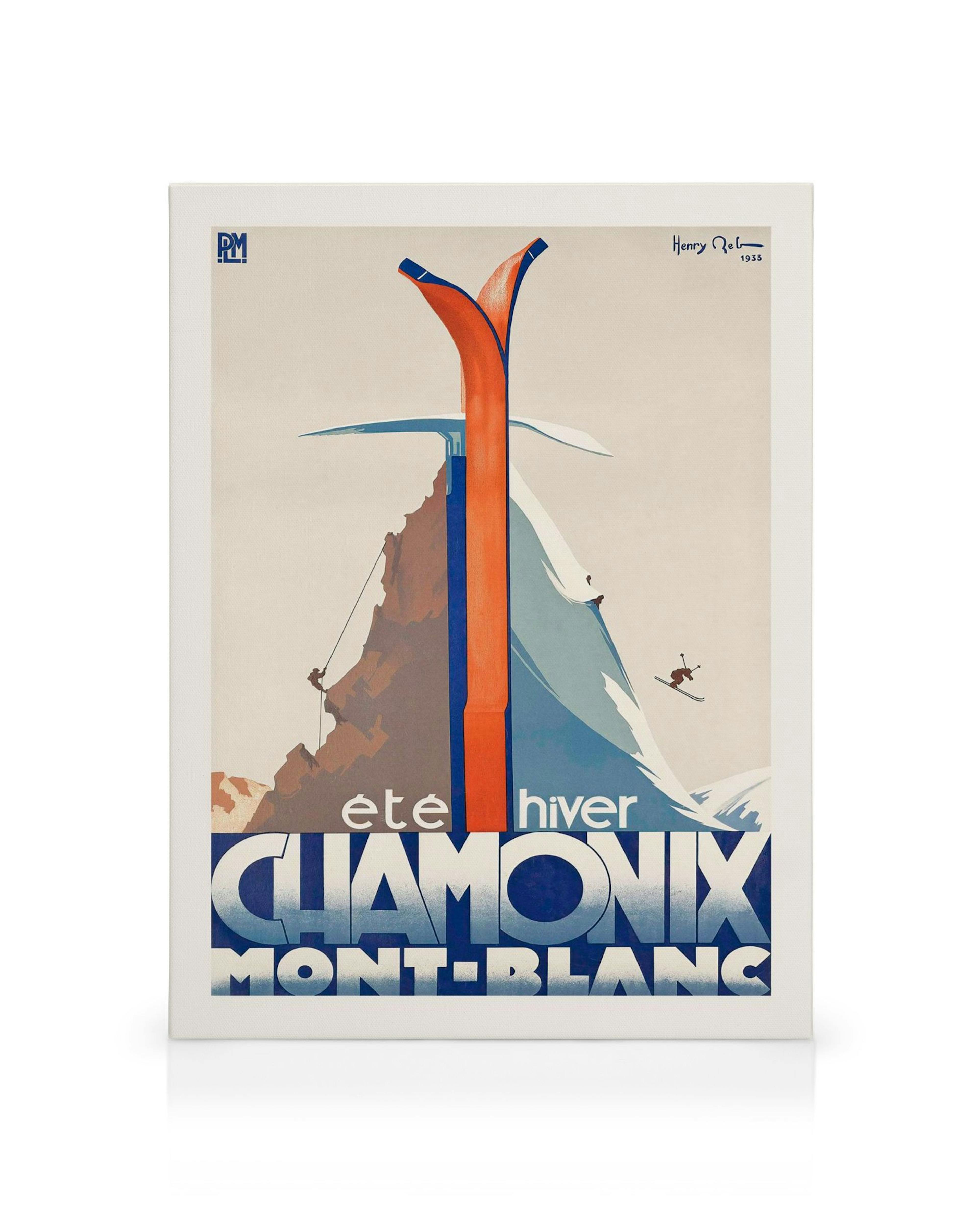Stampa su tela di un poster vintage di Chamonix Mont-Blanc, con sci arancioni e blu che dominano una montagna innevata con sciat