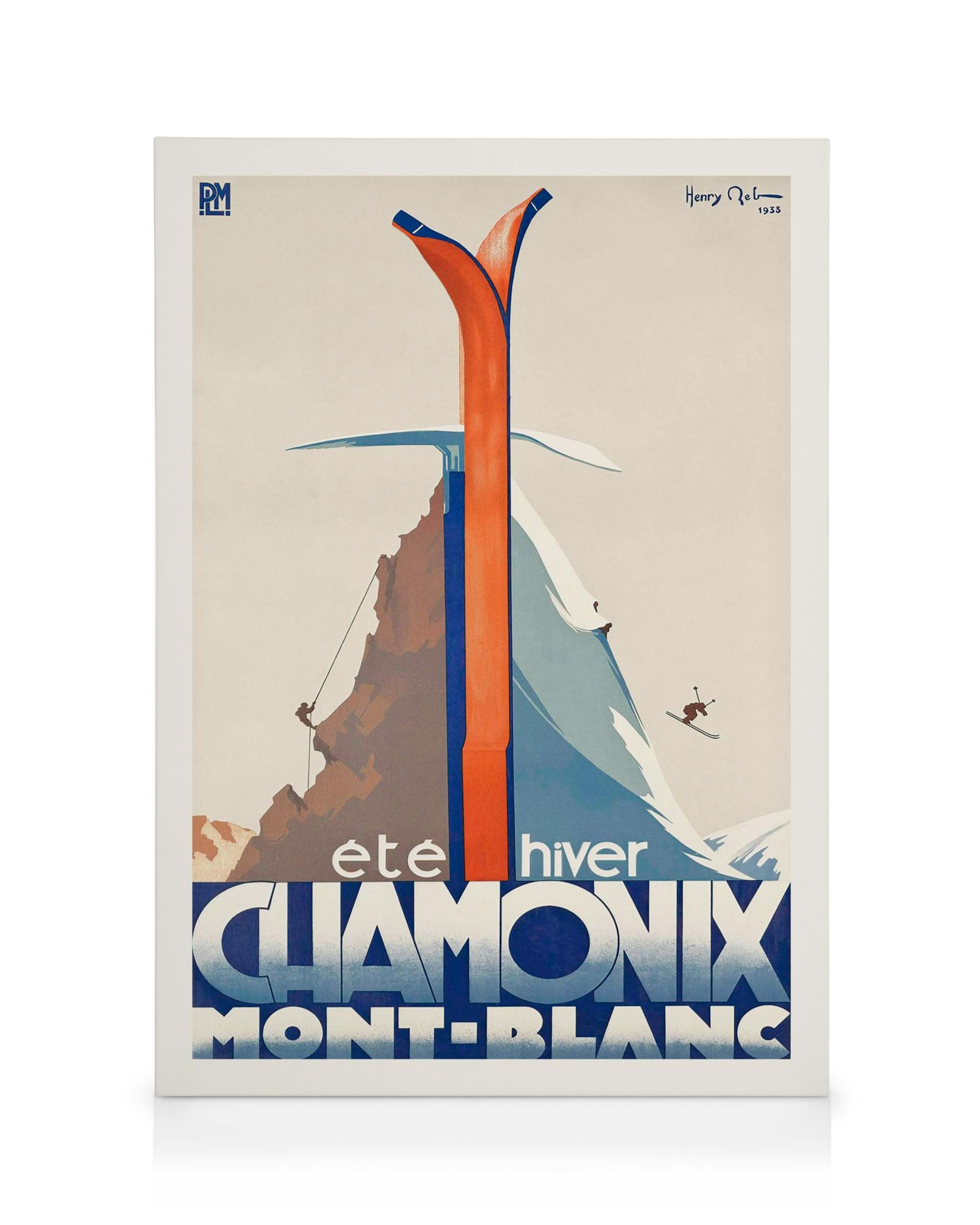 Toile Chamonix Mont-Blanc de Henry Reb, avec des skis orange, un alpiniste et un skieur.