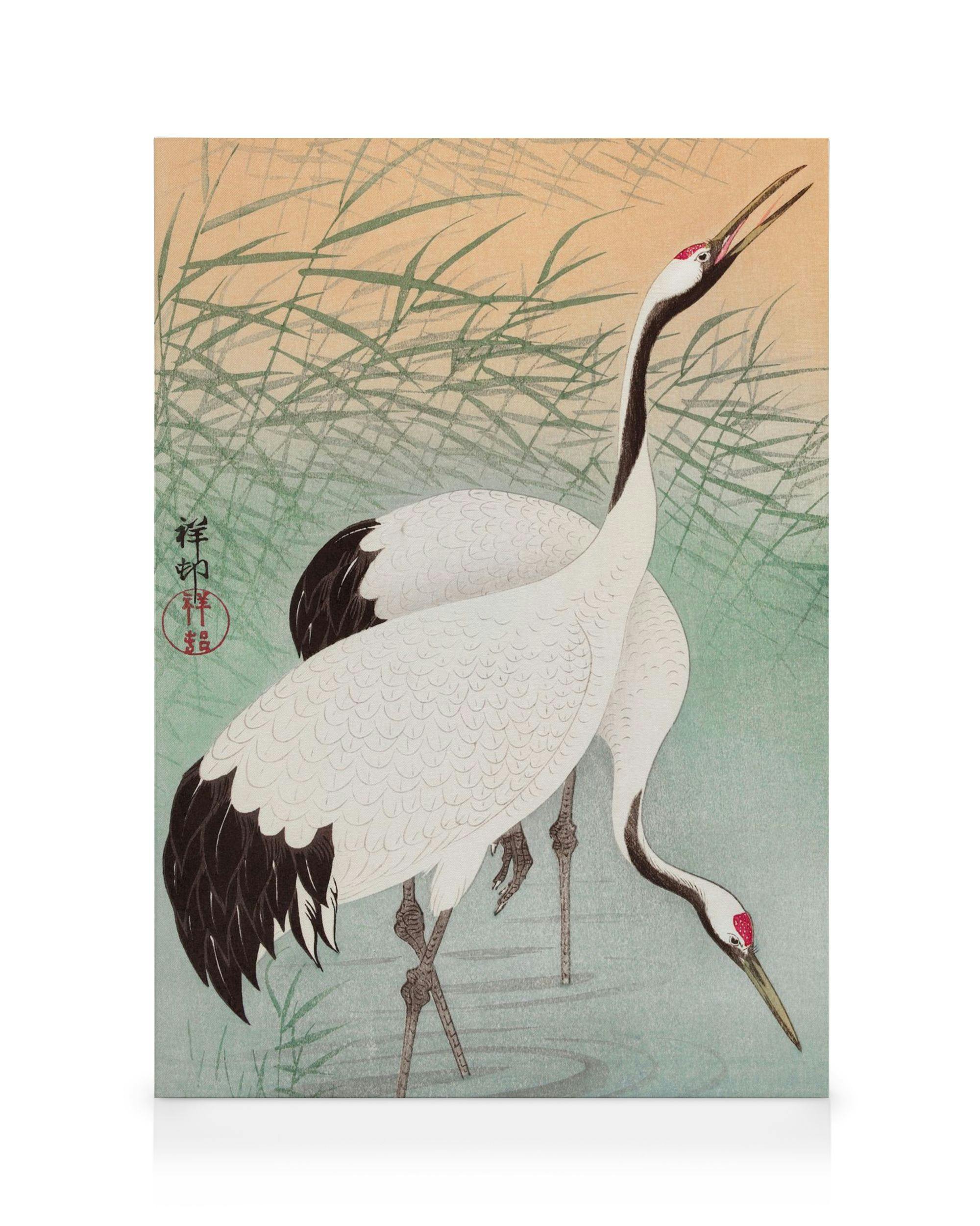 Ohara Koson – Twee kraanvogels Canvas (70x100 cm - Fotolijst Eiken) - Poster Store