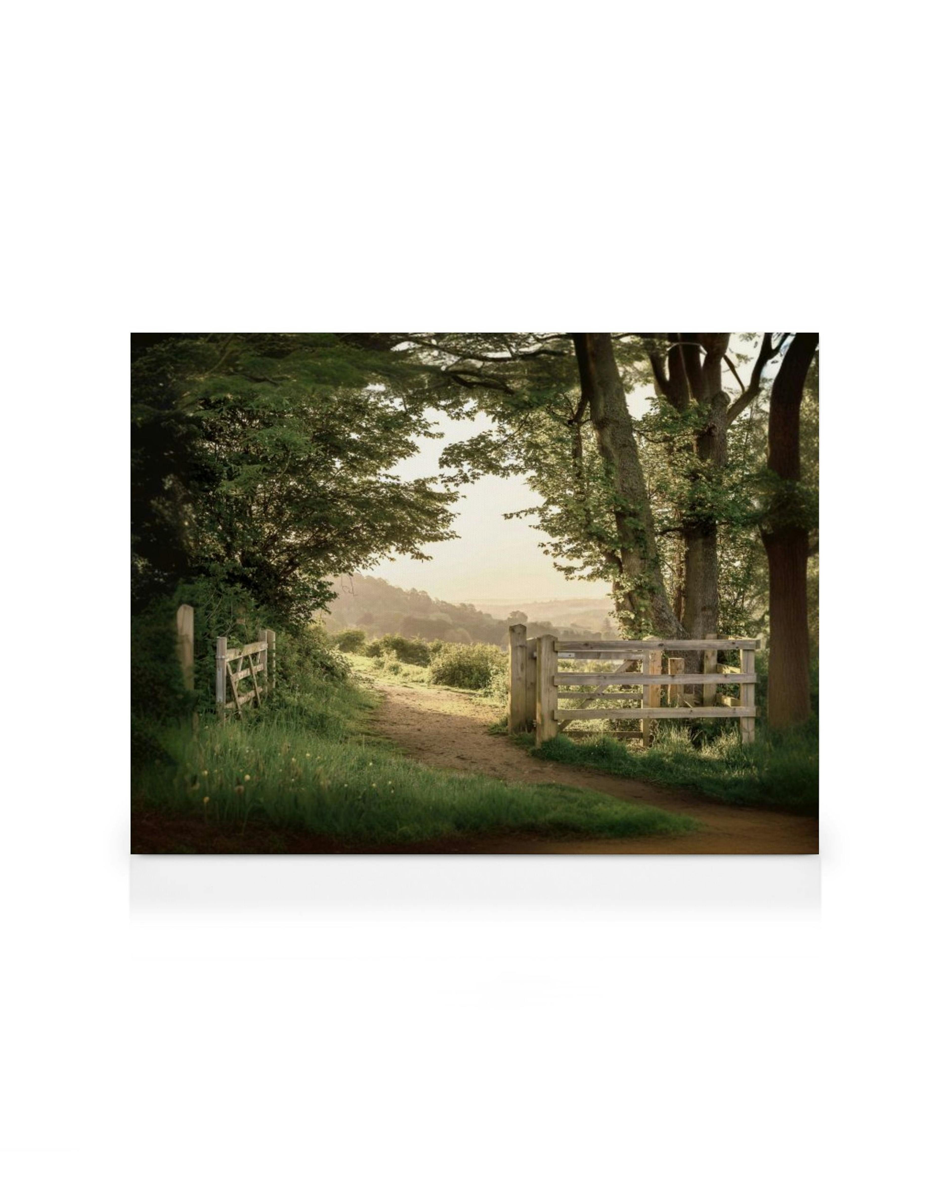 Lienzo de un sendero rústico con dos vallas de madera y árboles frondosos bajo un cielo brumoso al atardecer.