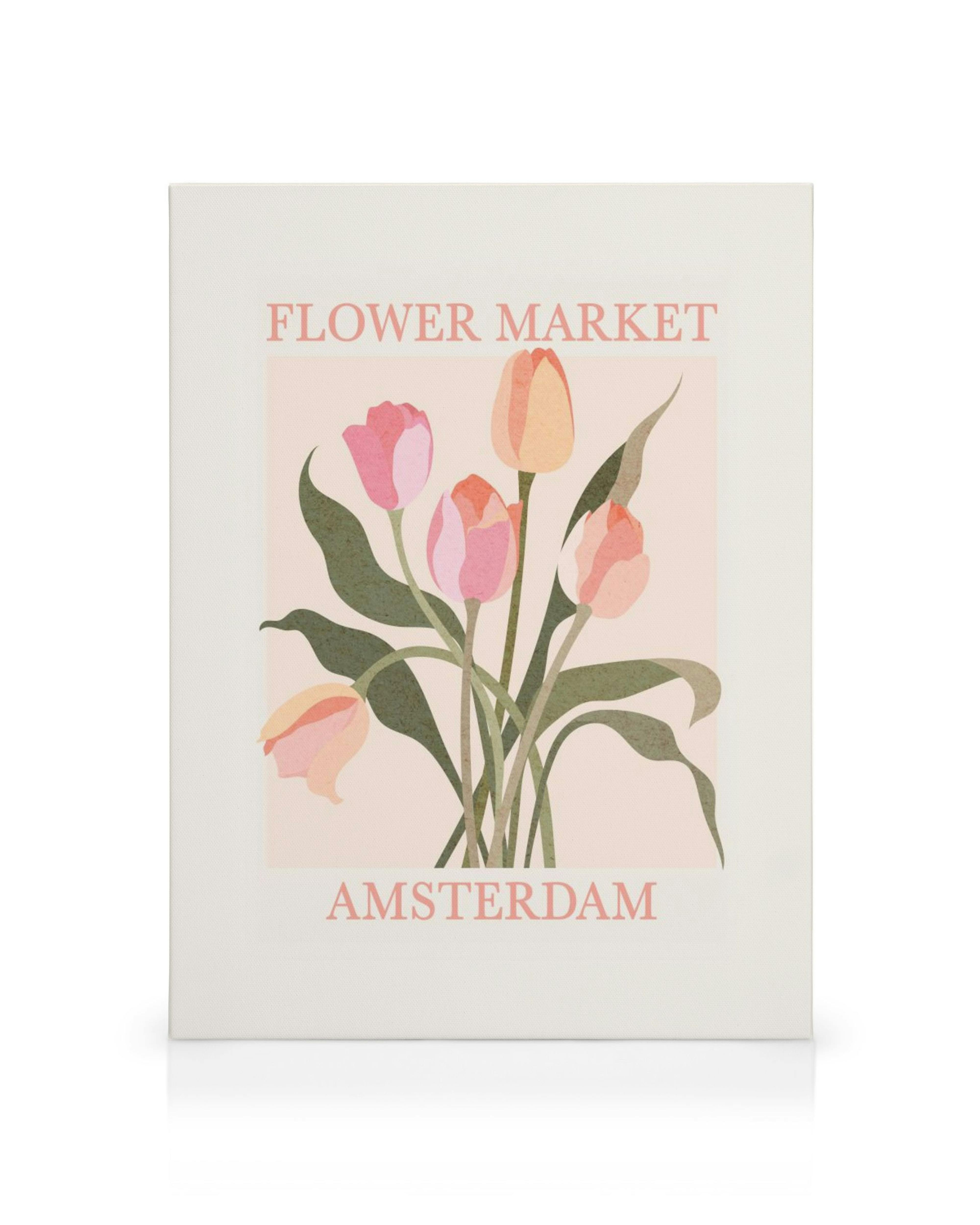 Toile Flower Market Amsterdam avec des tulipes roses et orange sur fond rose pâle.