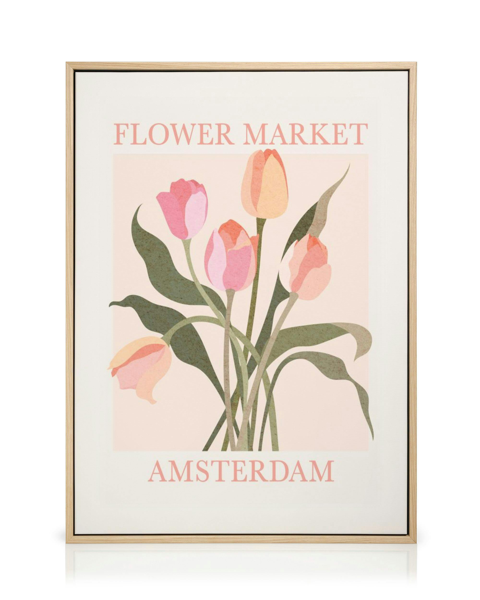 Een canvas met een illustratie van roze en oranje tulpen, met de tekst FLOWER MARKET AMSTERDAM.