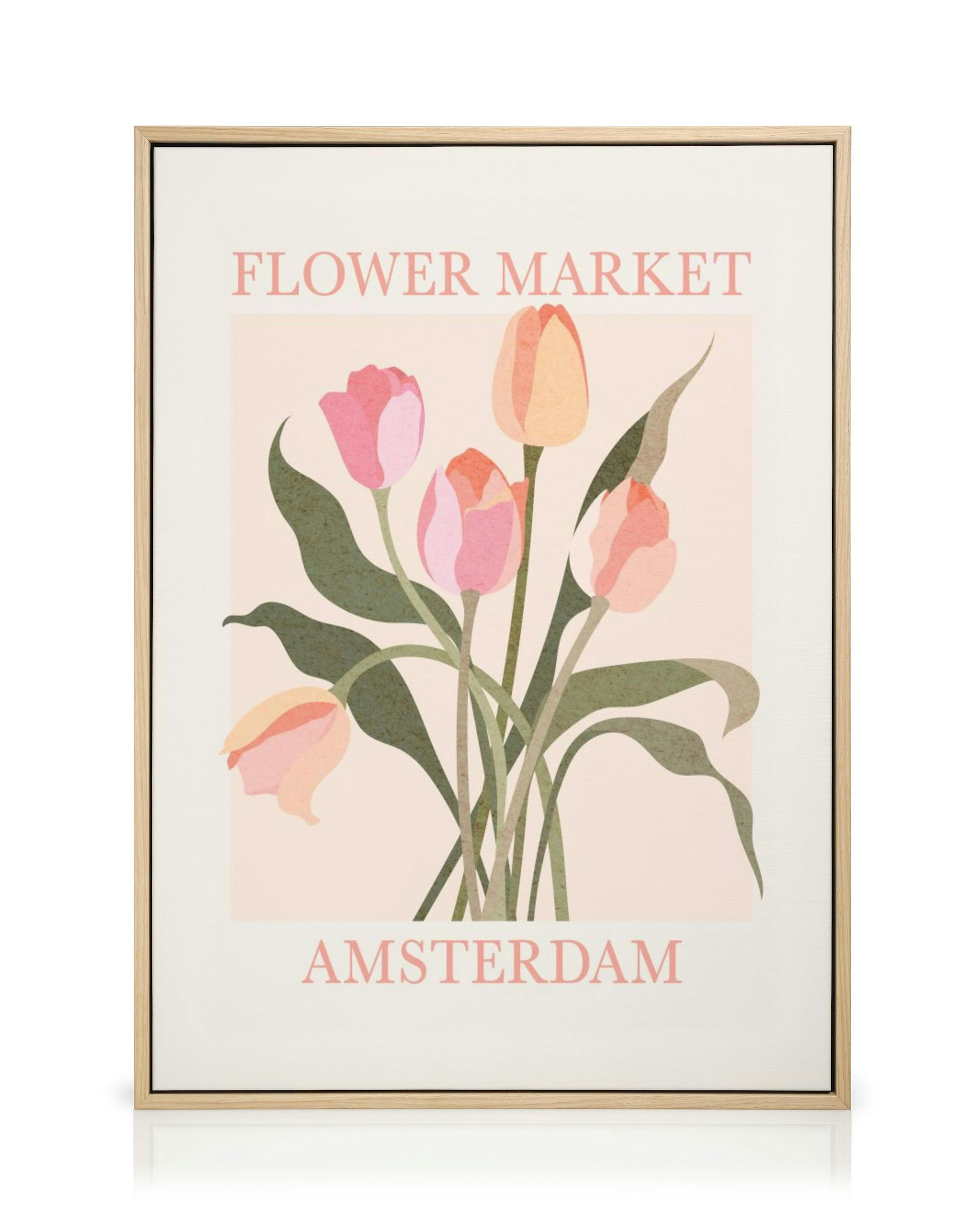 Stampa su tela con un bouquet di tulipani rosa e arancioni su sfondo chiaro, con scritte Flower Market Amsterdam.