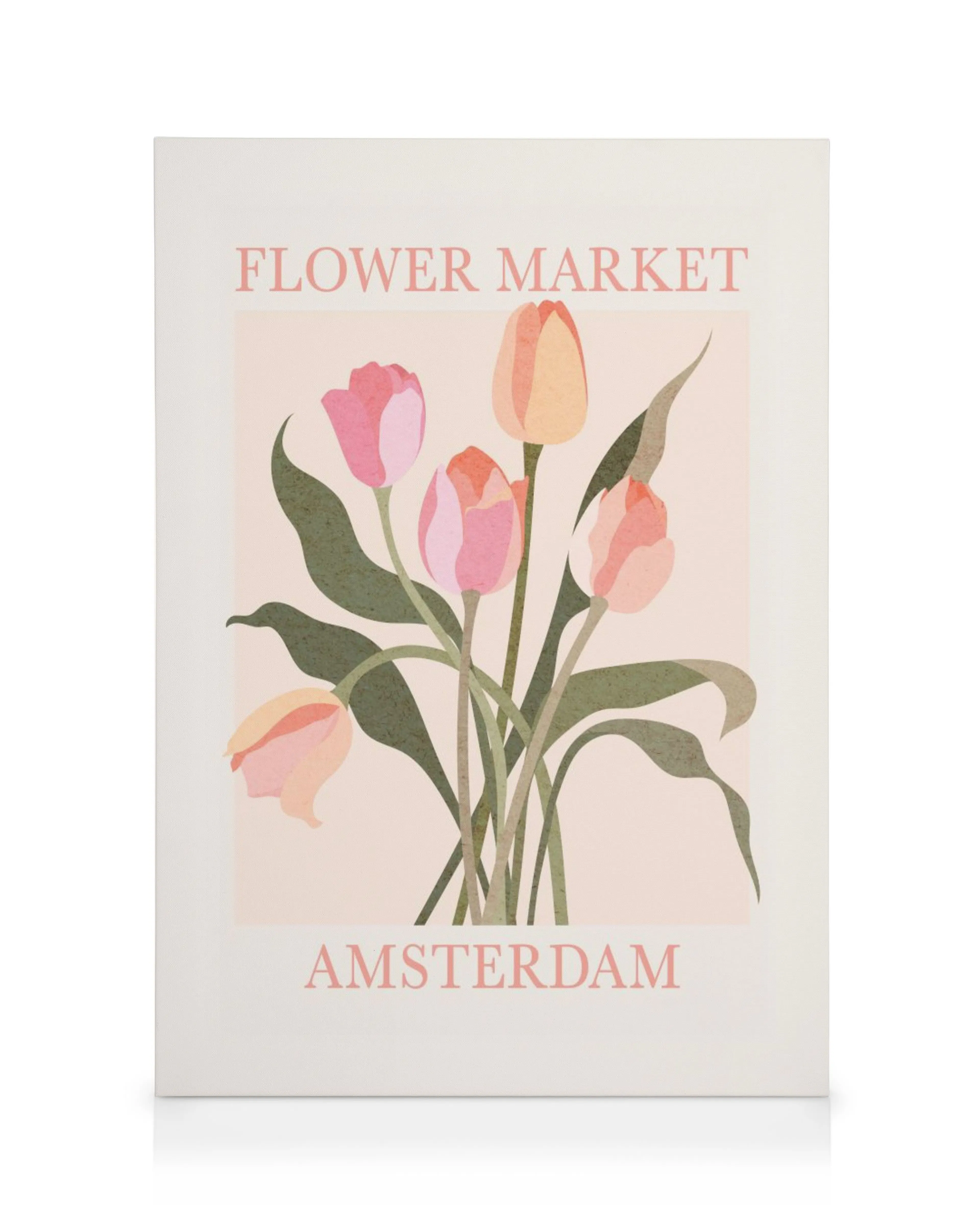 A canvas showcasing a Flower Market Amsterdam design with pink and orange tulips and green leaves on a light background.