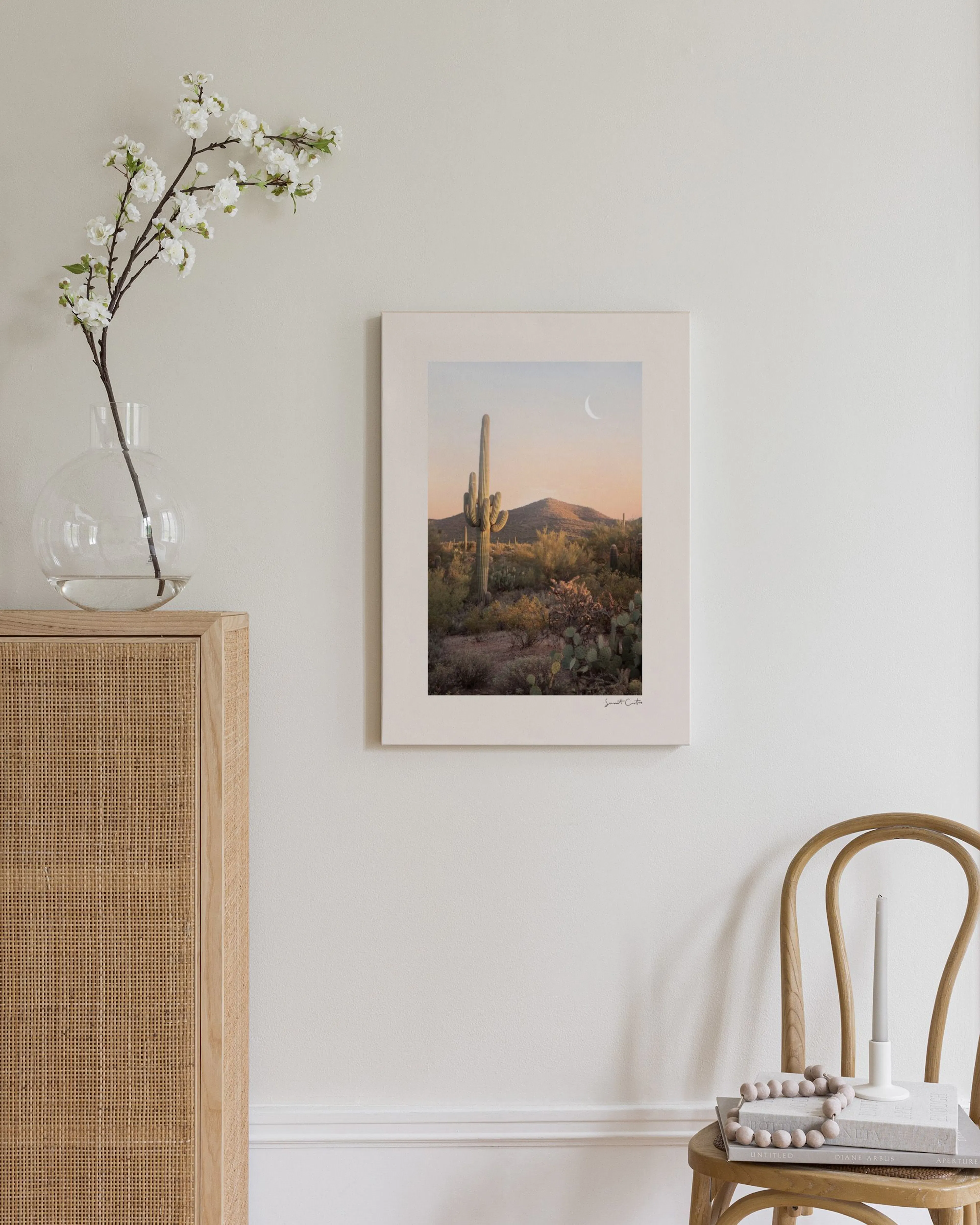 A canvas displaying a desert landscape with a tall saguaro cactus and distant mountains under a crescent moon, hanging on a ligh
