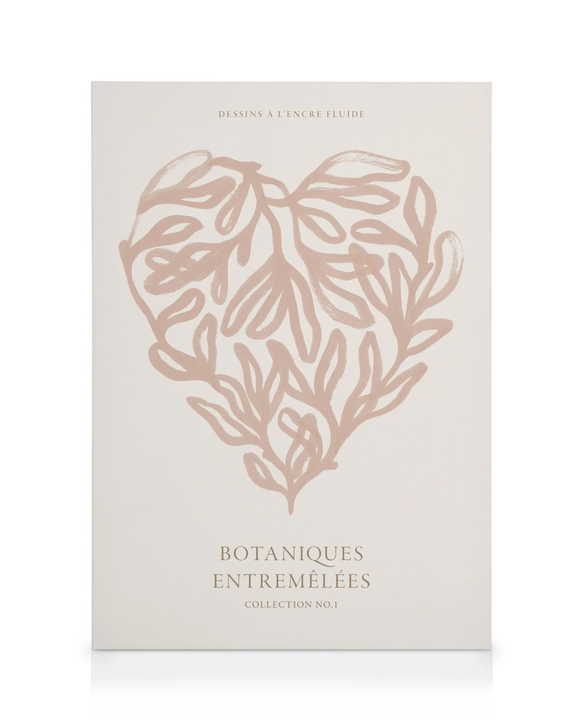 A canvas featuring a heart-shaped botanical illustration with light pink leaves on a cream background, with French text.