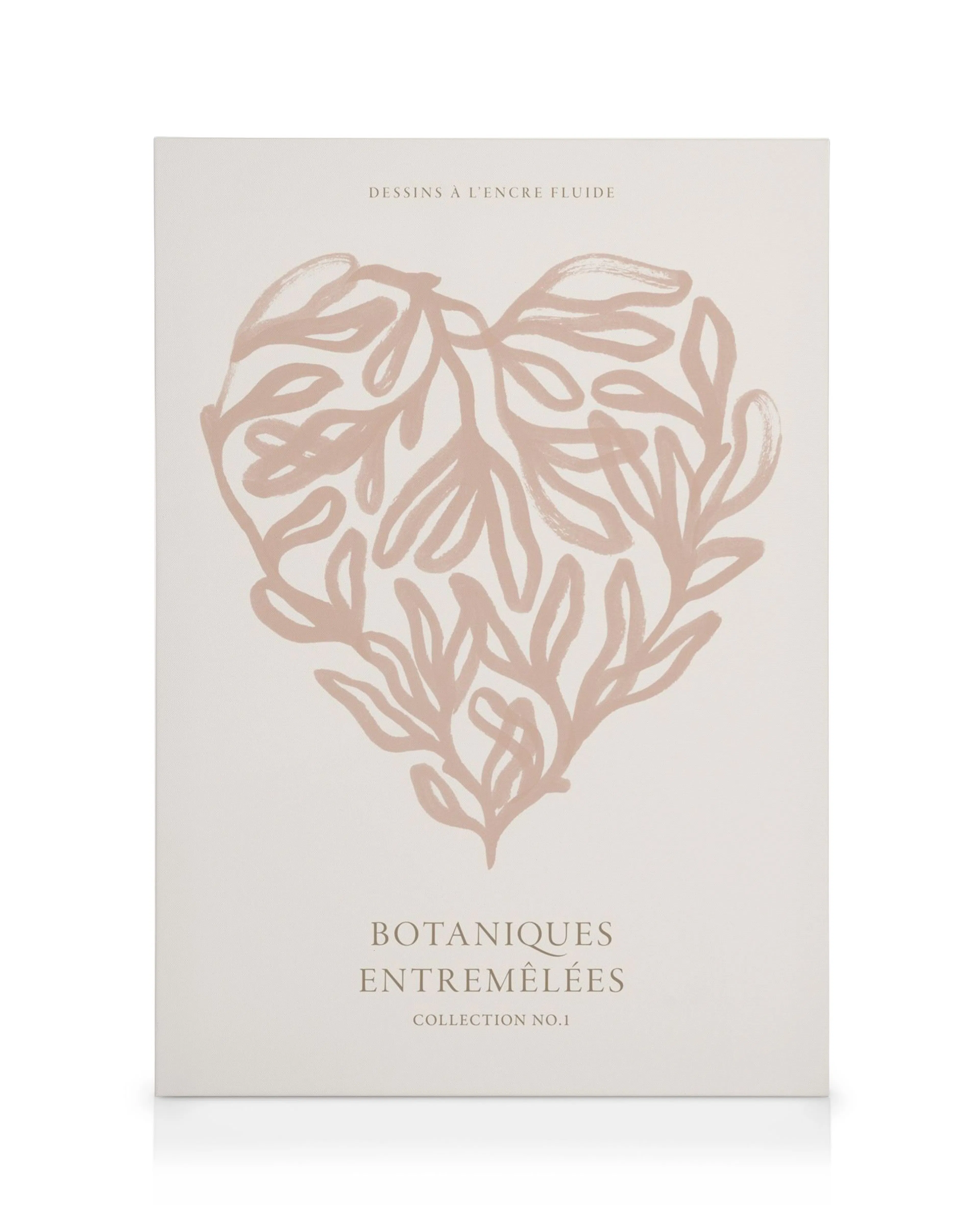 A canvas featuring a heart-shaped botanical illustration with light pink leaves on a cream background, with French text.