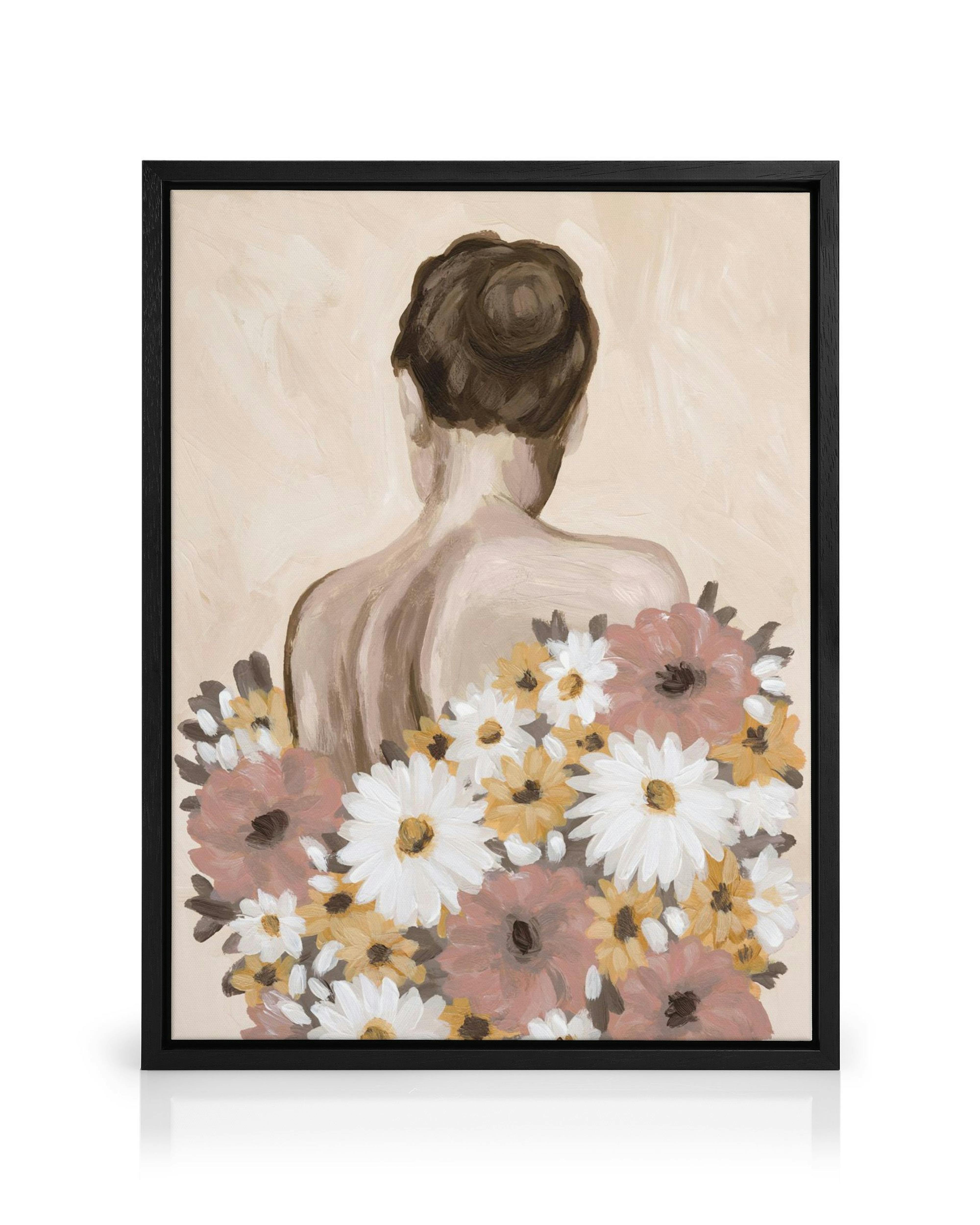 A canvas of a woman with a bun from behind, surrounded by pink, white, and yellow flowers.