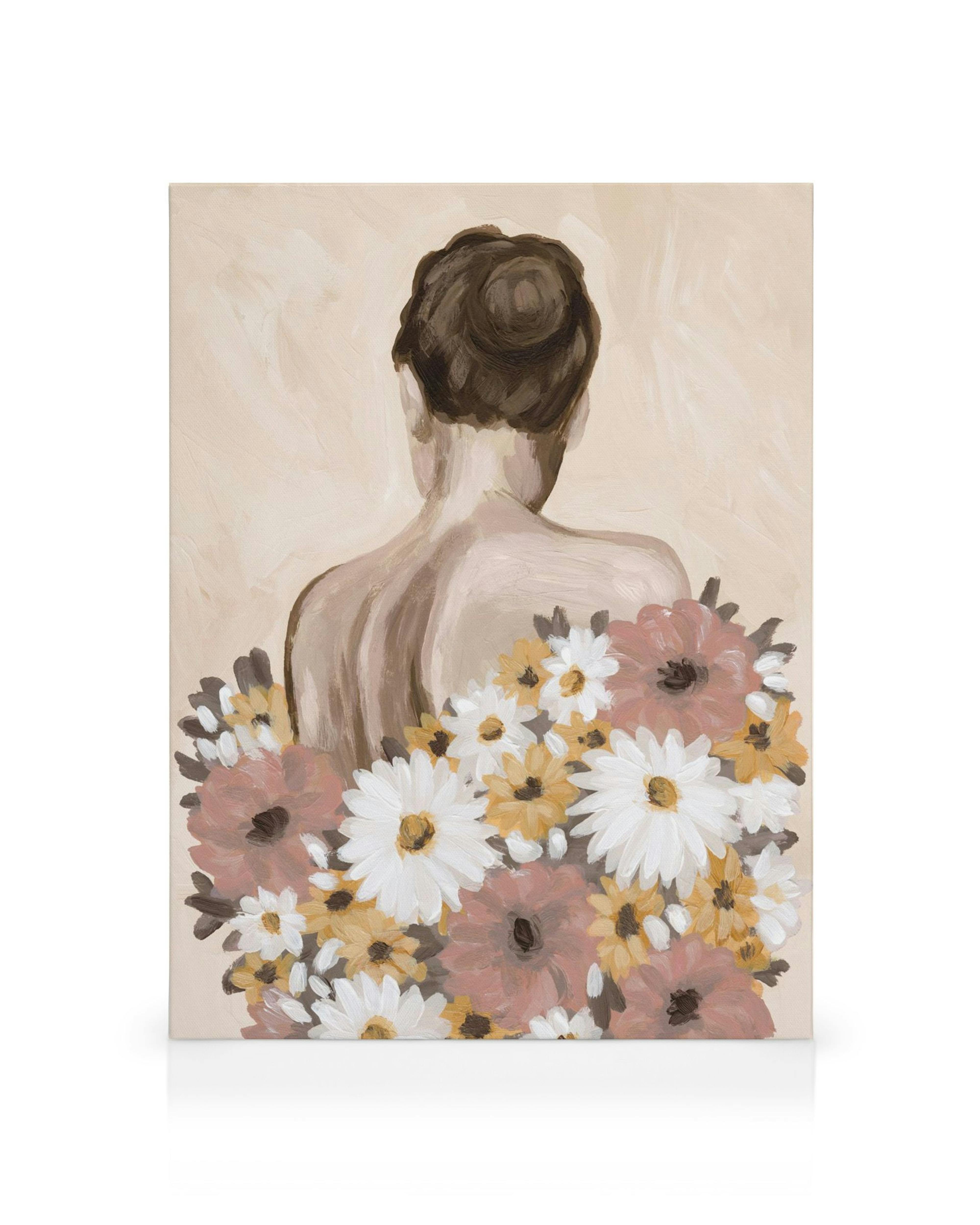 A canvas showing the back of a woman with a bun, surrounded by white, yellow, and pink flowers.
