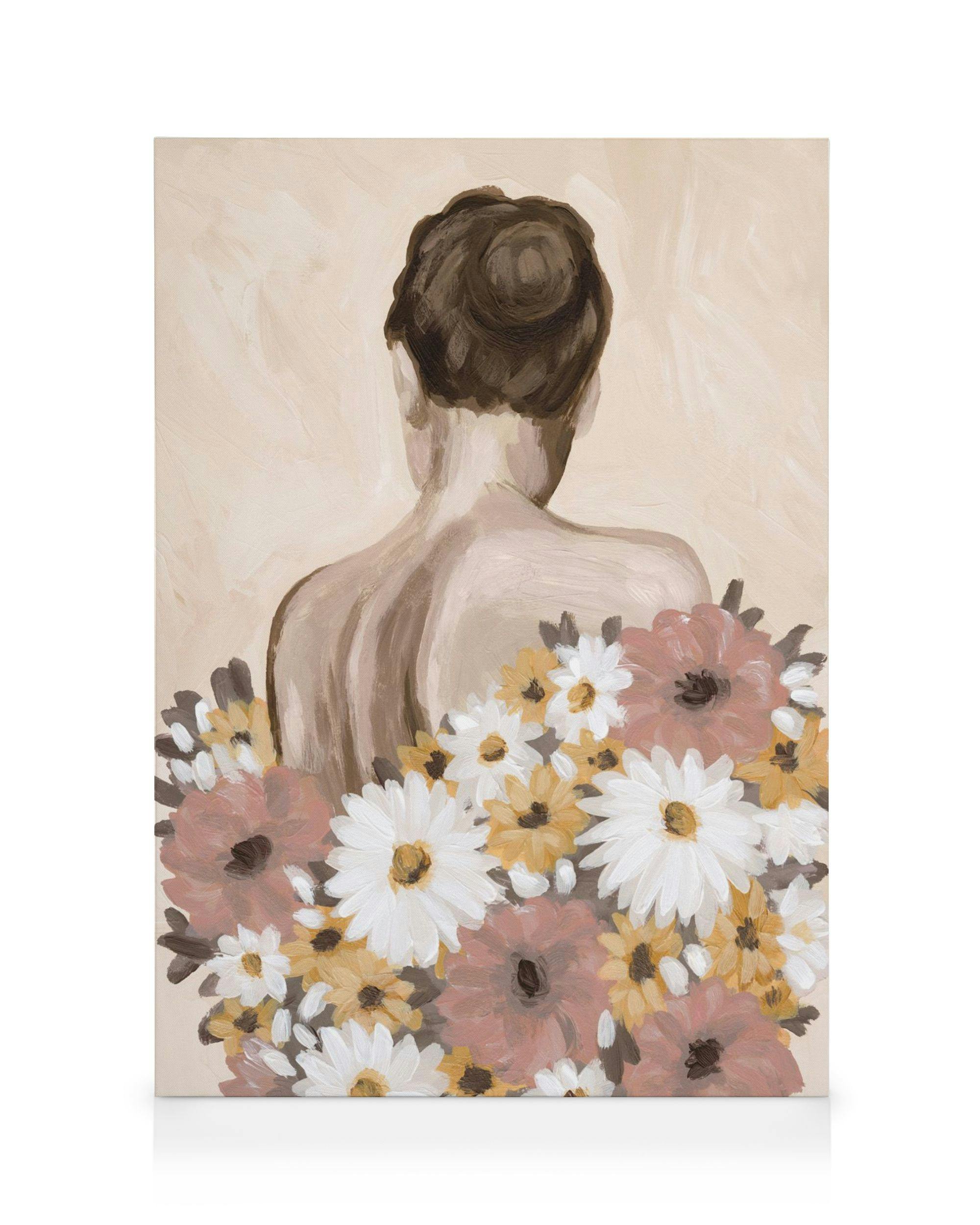 Stampa su tela che raffigura una donna di spalle con una voluminosa acconciatura, circondata da un bouquet di fiori.