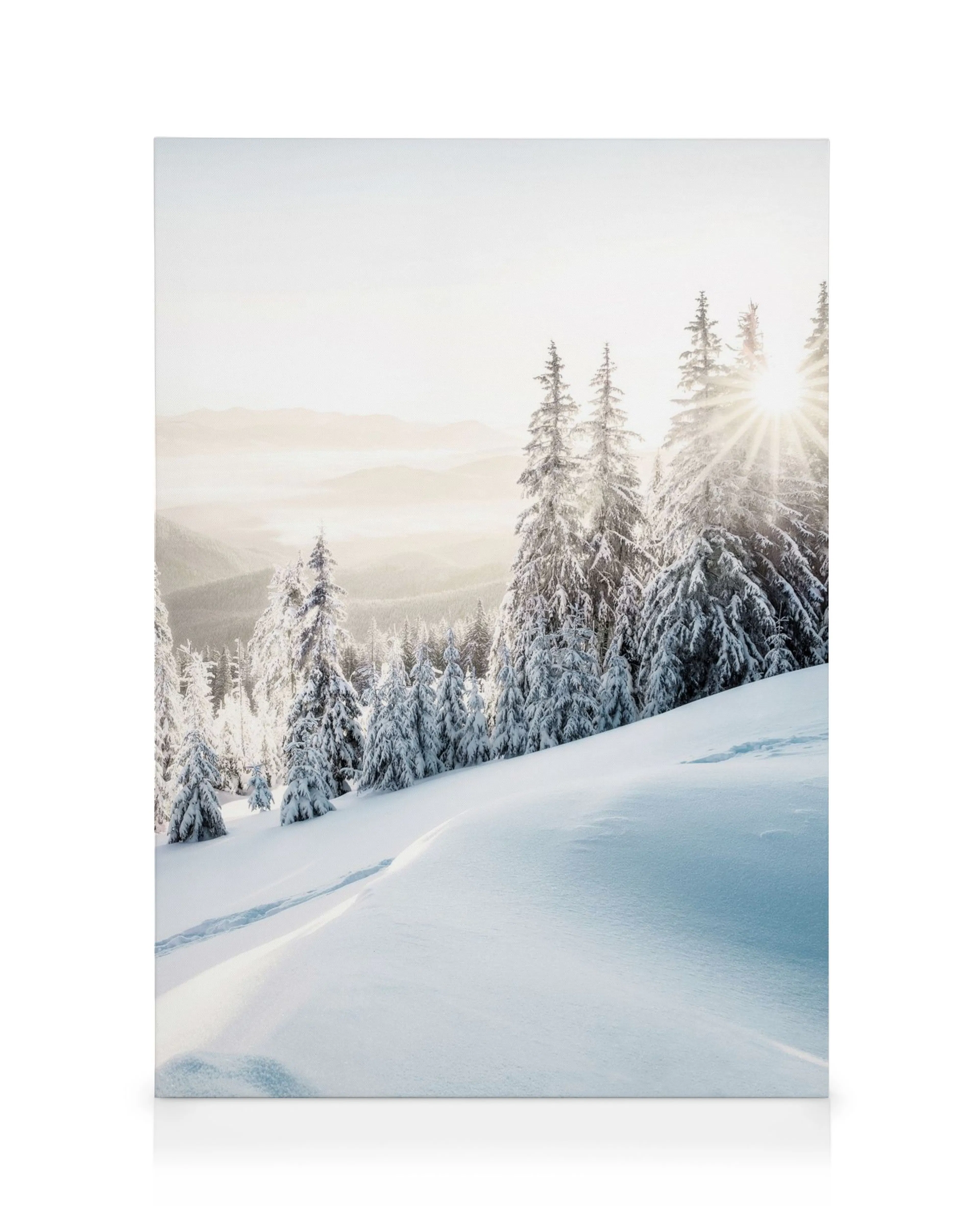 A canvas showing a snowy mountain landscape with sun rays shining through snow-covered evergreen trees.