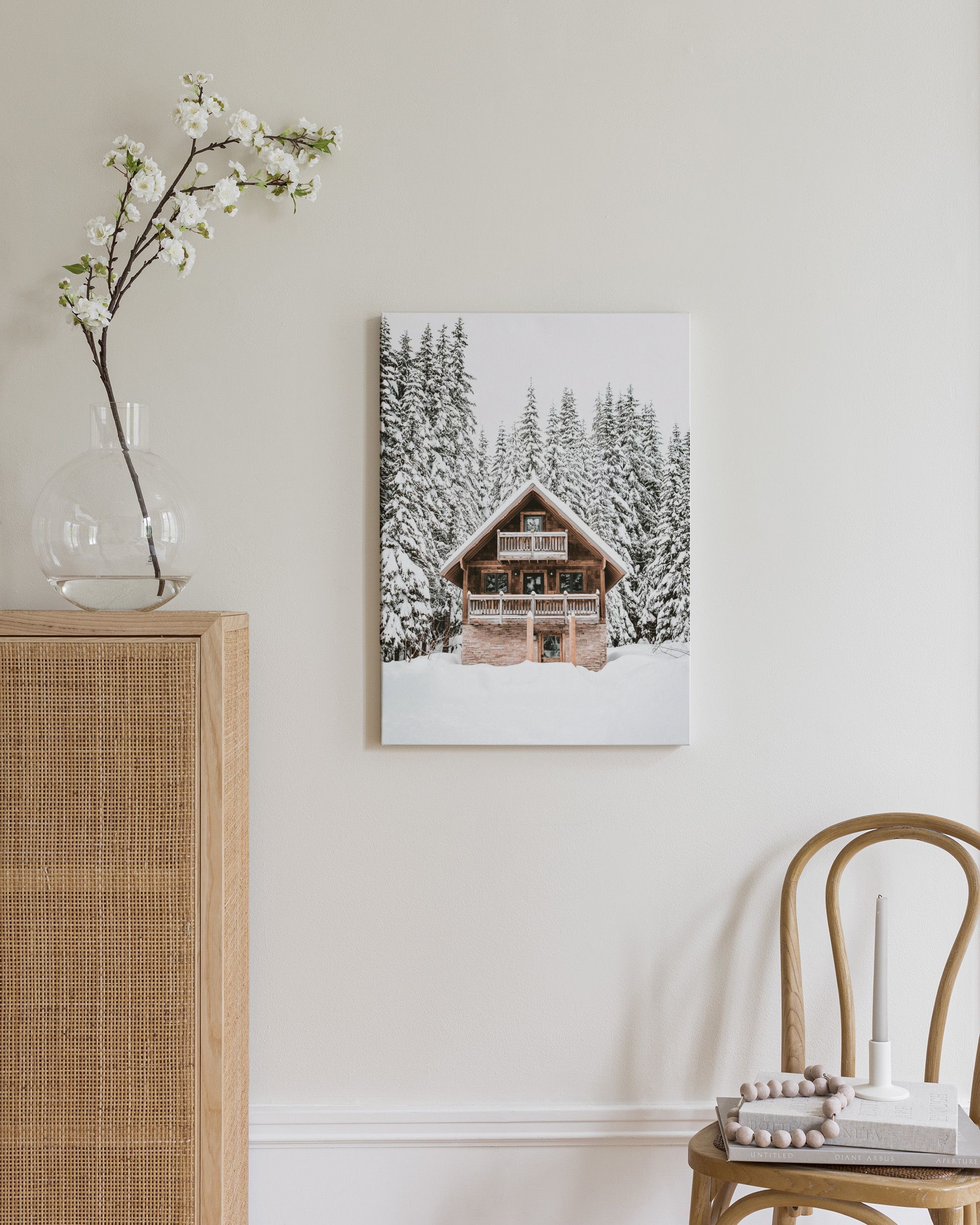 Holiday Cabin Canvas | Snowy Wooden Cabin in the Mountains with Tall ...