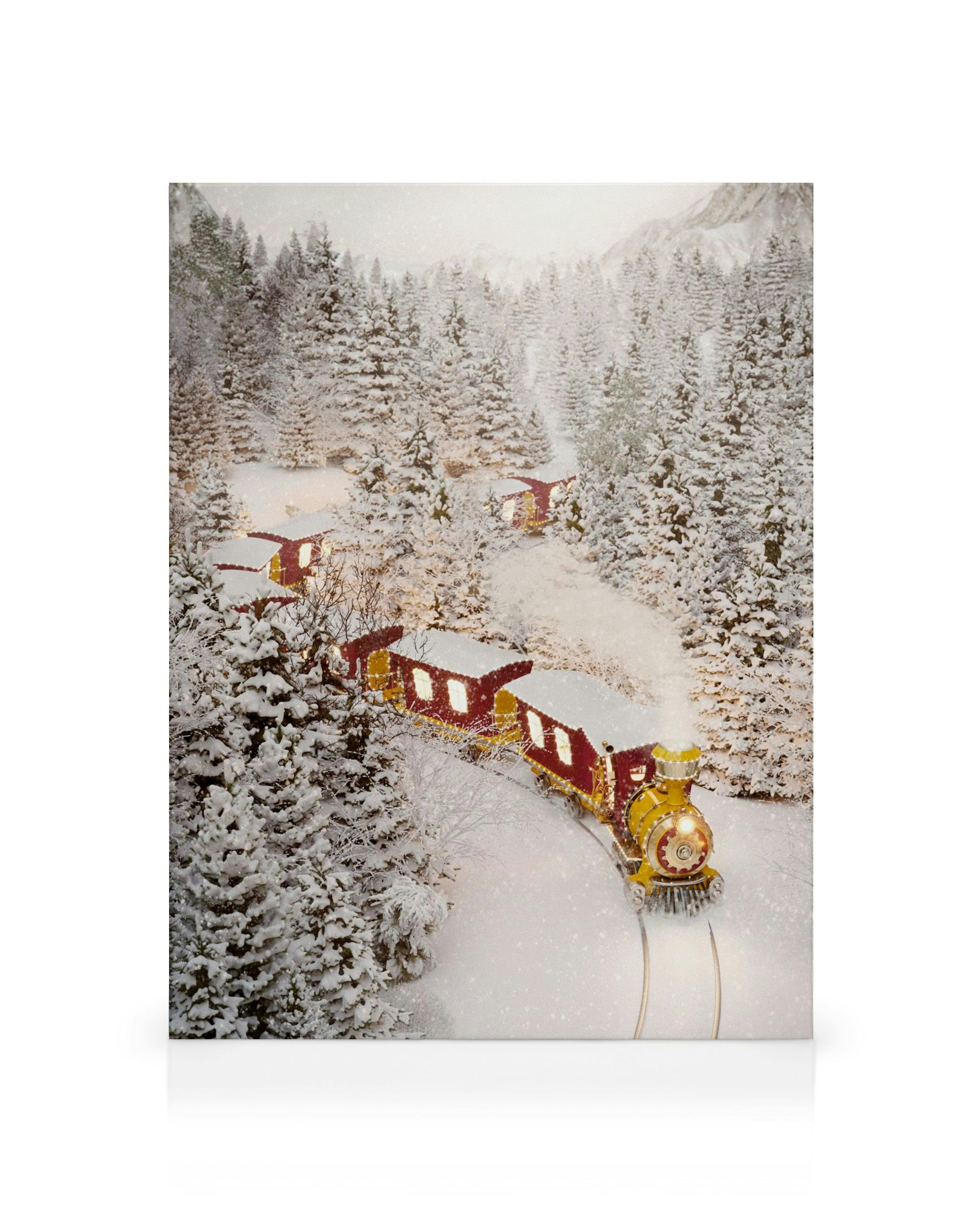 A Christmas train canvas winding through a snowy forest with illuminated red and yellow cars, light snow falling.