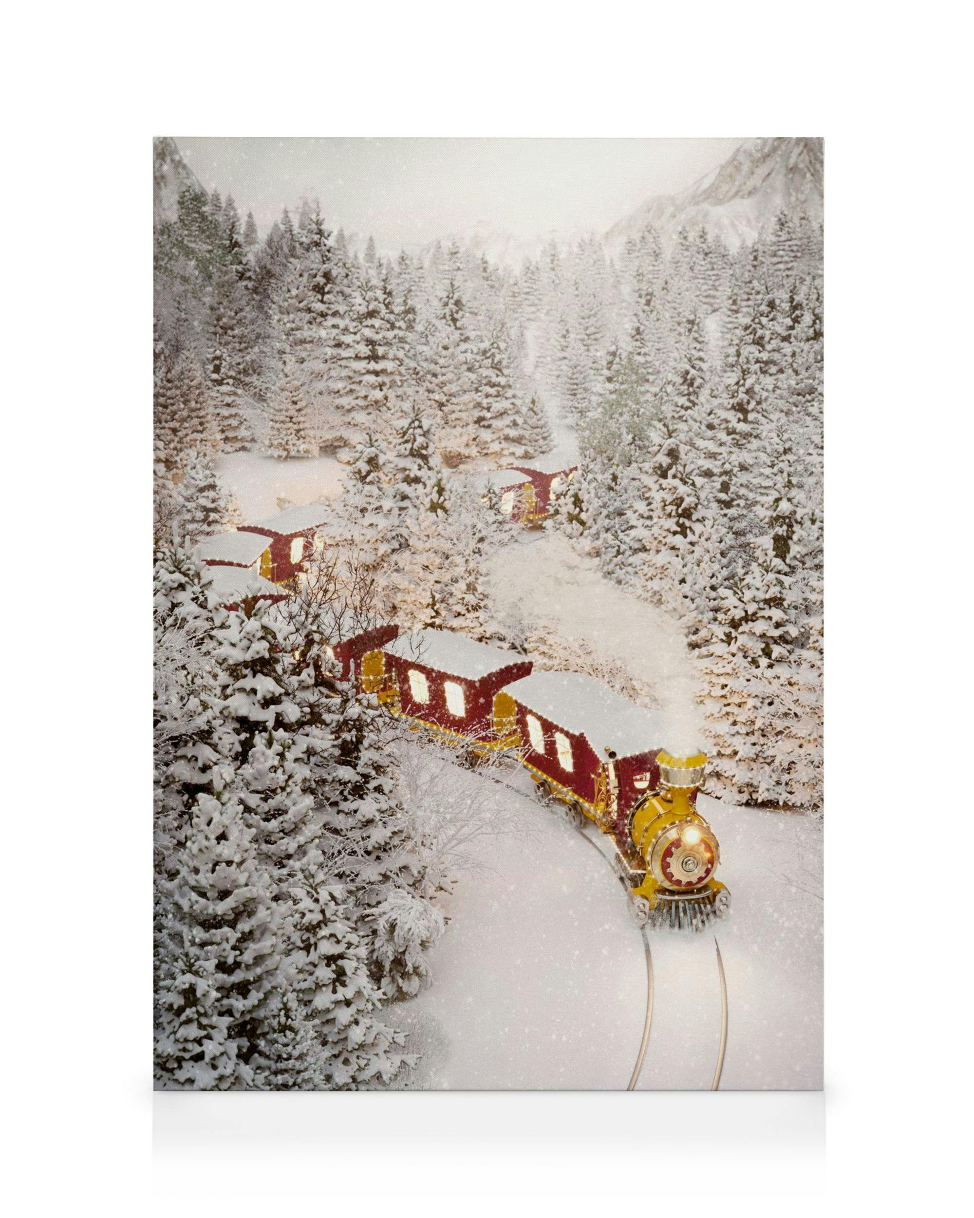 A canvas depicting a festive, illuminated yellow and red train winding through a snow-covered evergreen forest during winter.
