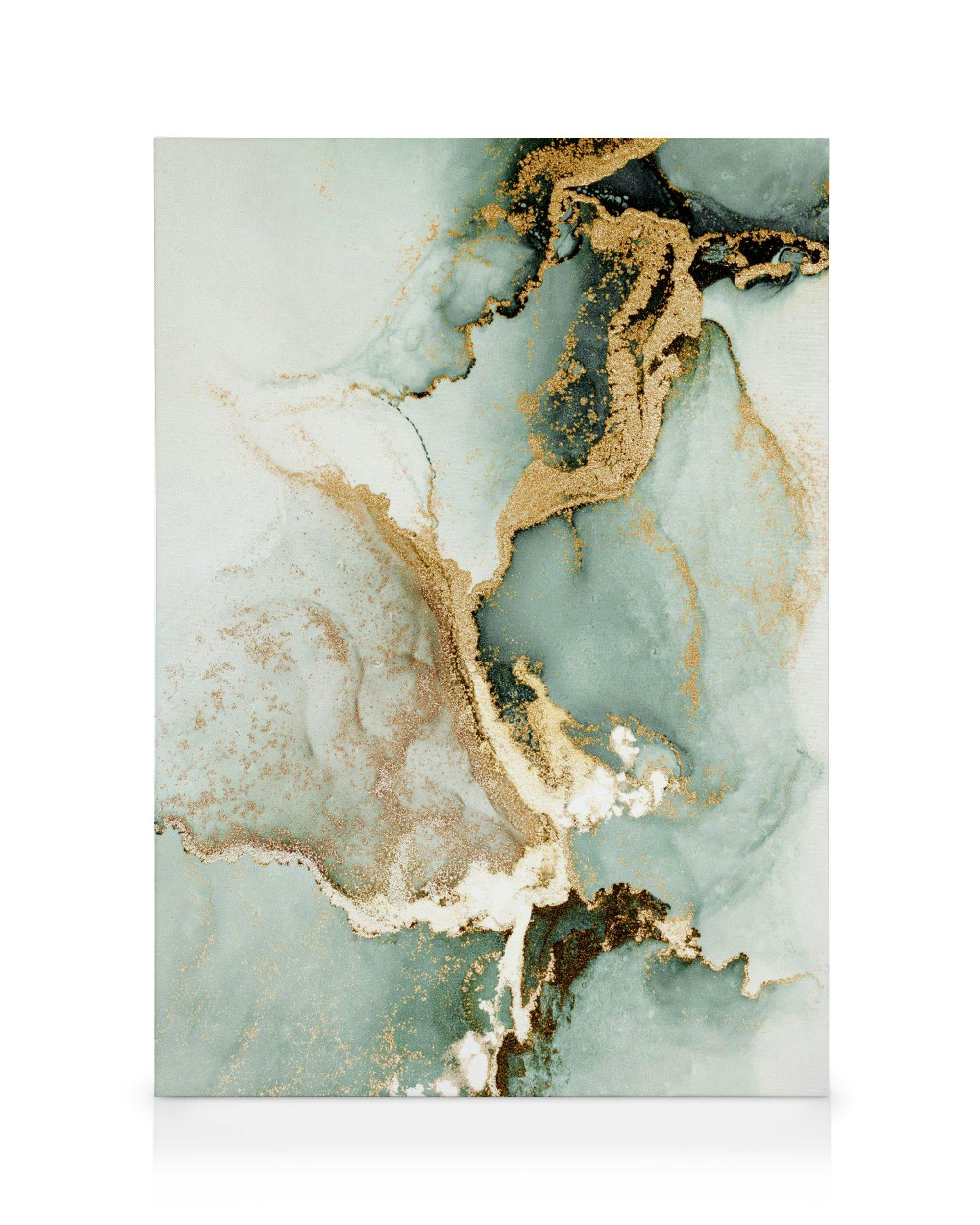 Leinwandbild: Abstraktes Muster mit aquamarinen, goldenen, weißen und dunkelbraunen Wirbeln.