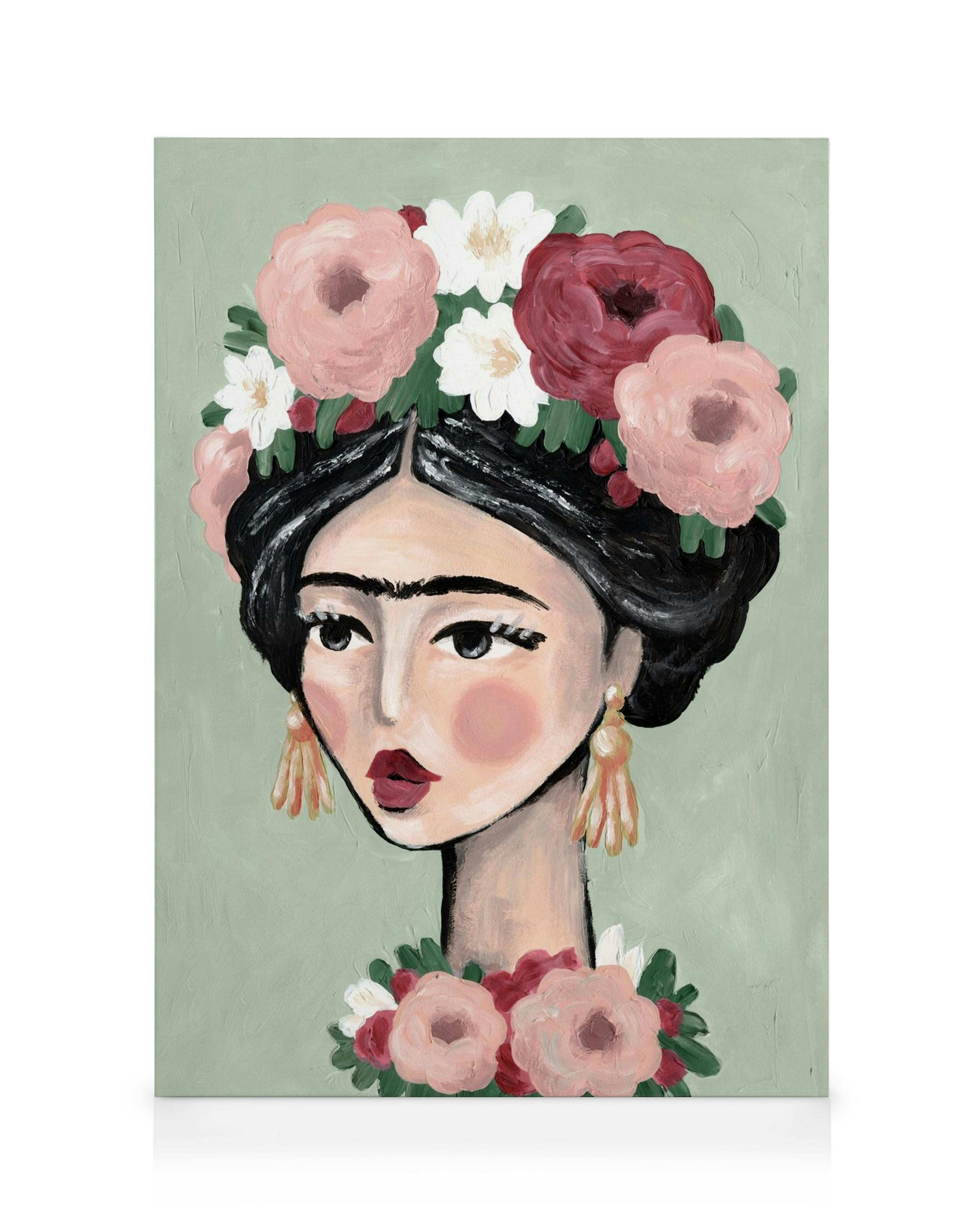 Leinwandbild einer Frau mit Blumen im Haar und Rosenträgern auf hellgrünem Hintergrund.