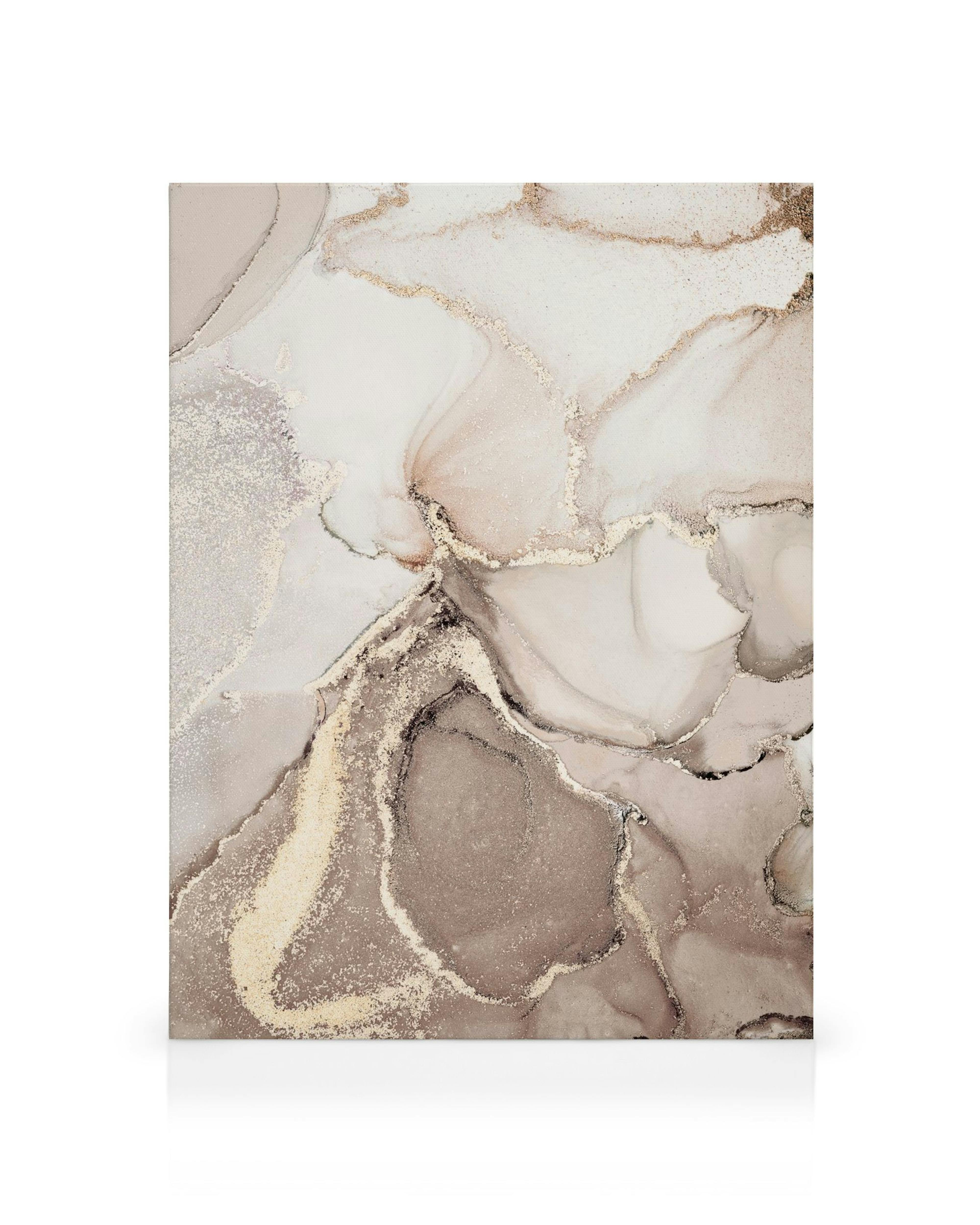 A canvas with an abstract design featuring flowing shapes in muted browns, beiges, and whites, accented with shimmering gold lin