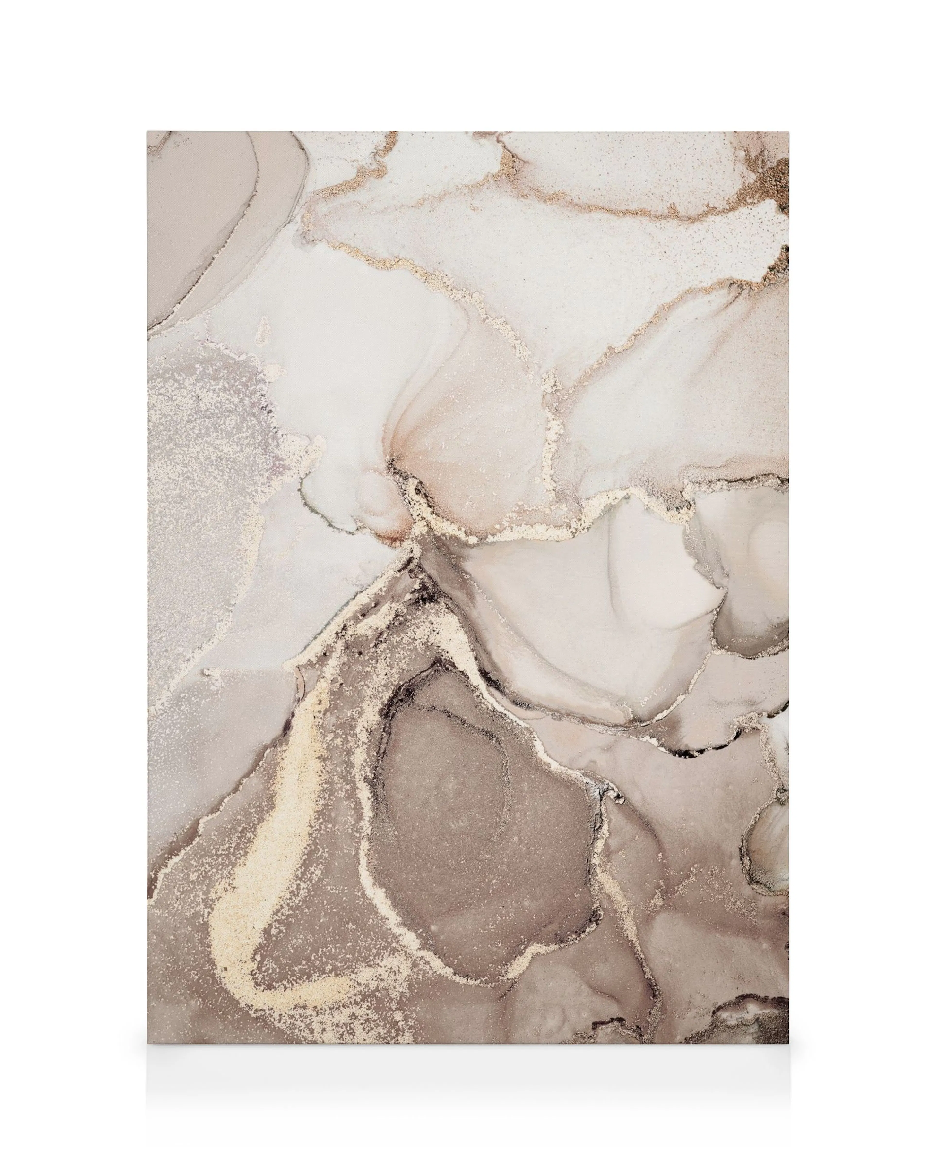 Et lærred med et abstrakt marmoreret mønster i nuancer af beige, brun og guld.