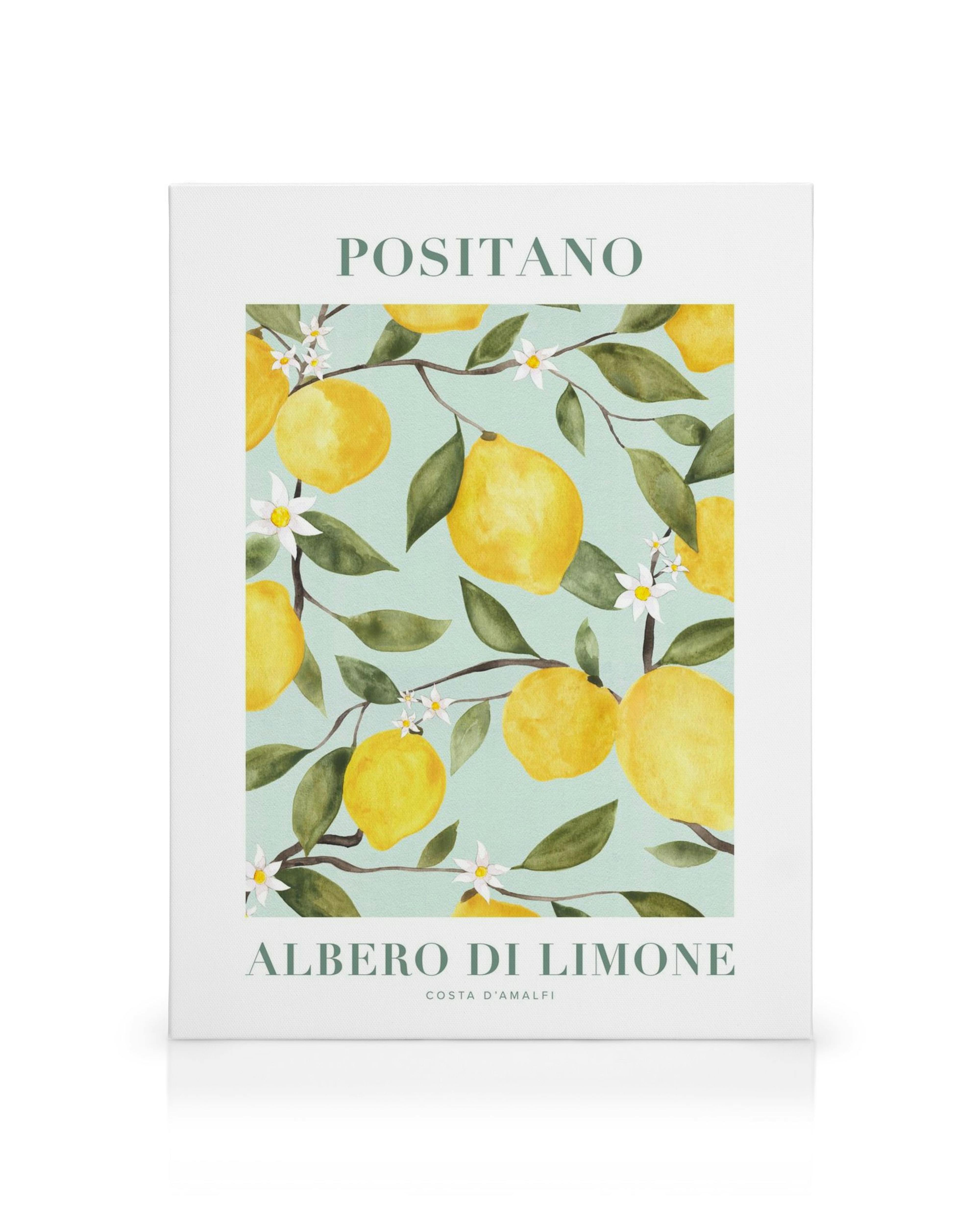 Obraz na płótnie przedstawiający cytryny na gałęziach z białymi kwiatami na miętowym tle.