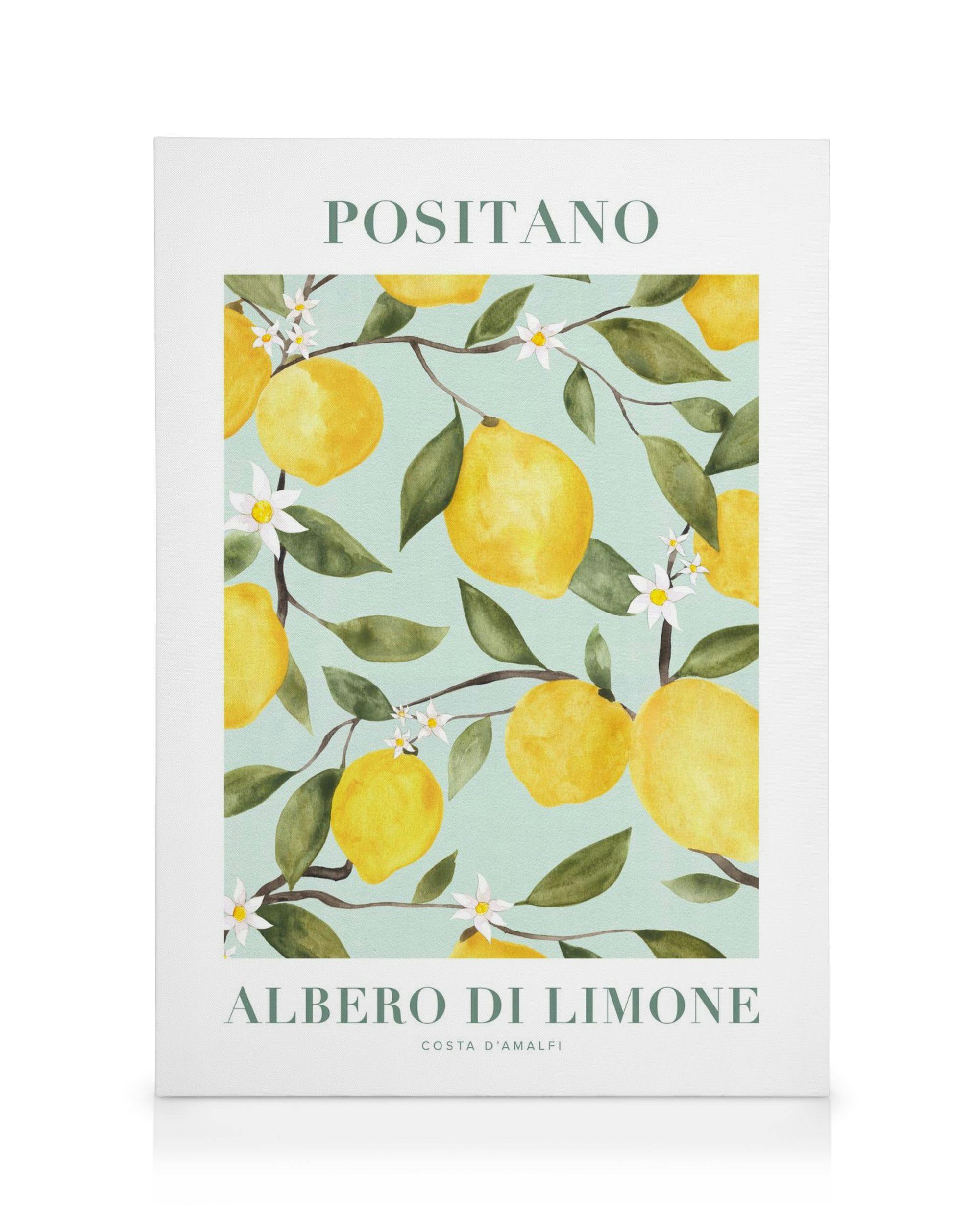 Leinwandbild mit Zitronenbaum-Motiv: gelbe Zitronen und weiße Blüten auf Ästen vor hellblauem Hintergrund.