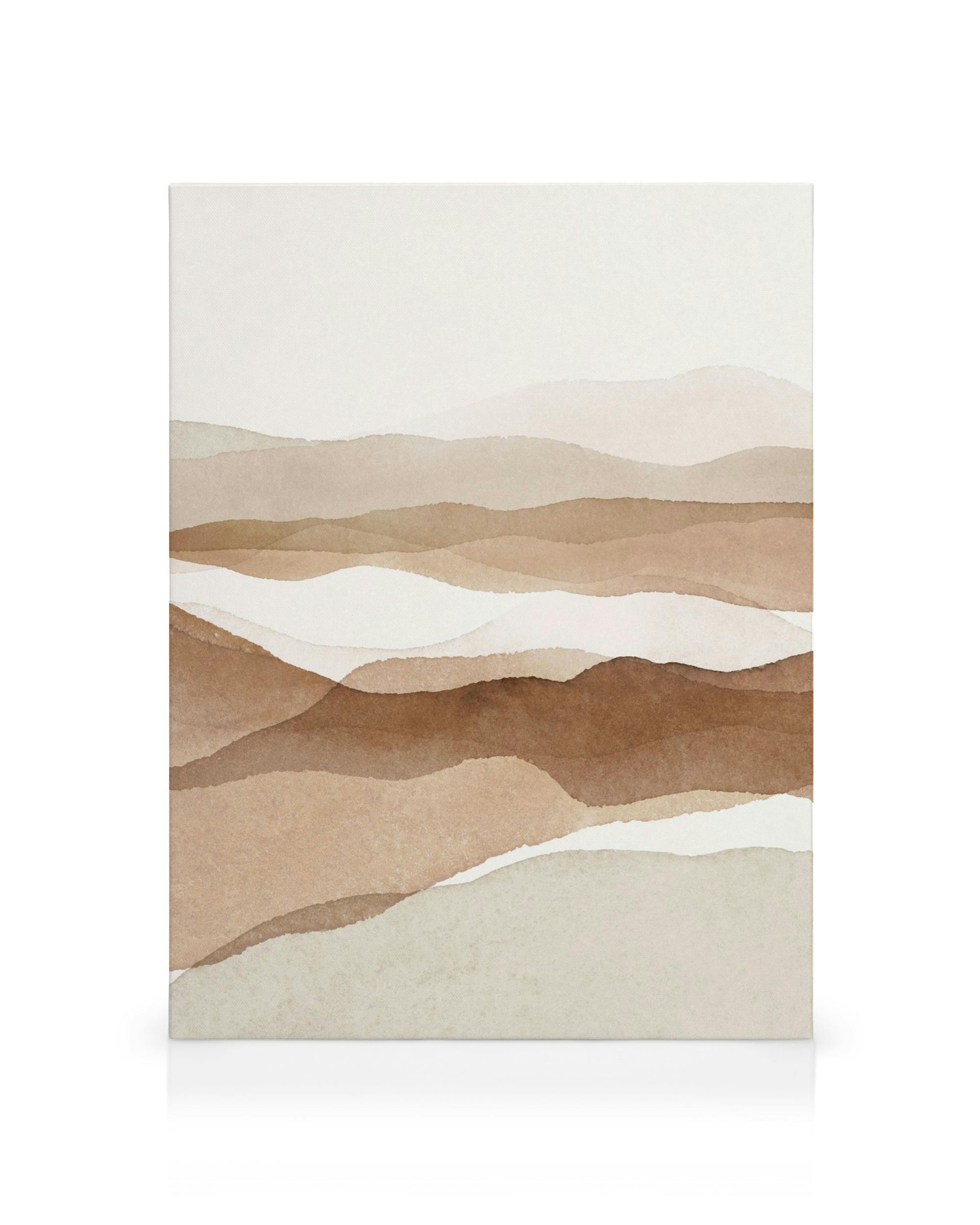 A canvas showcasing rolling hills in varying shades of brown, beige, and white, creating a serene landscape.