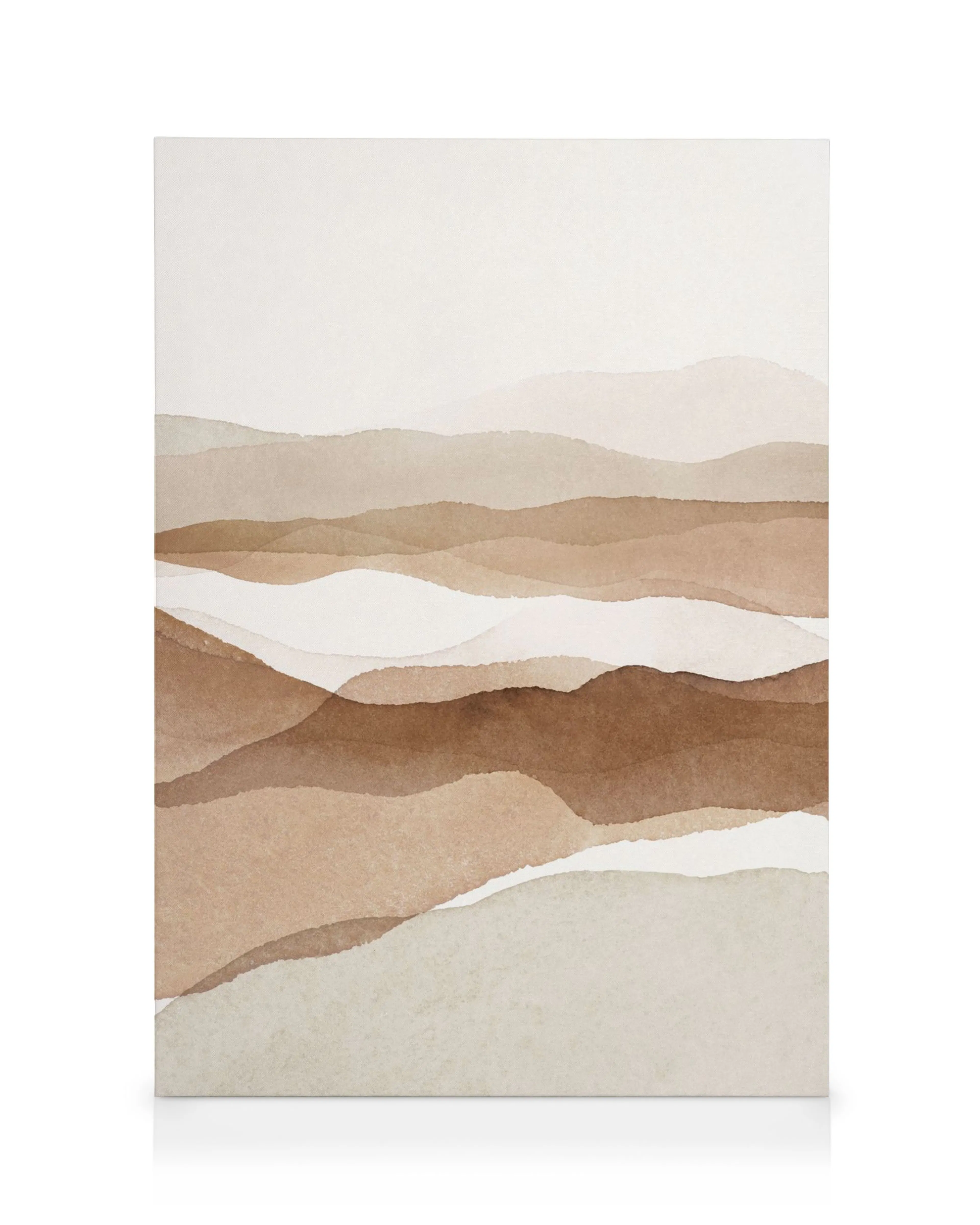 Stampa su tela astratta con tonalità della terra, raffigurante strati ondulati di marrone, beige e bianco.