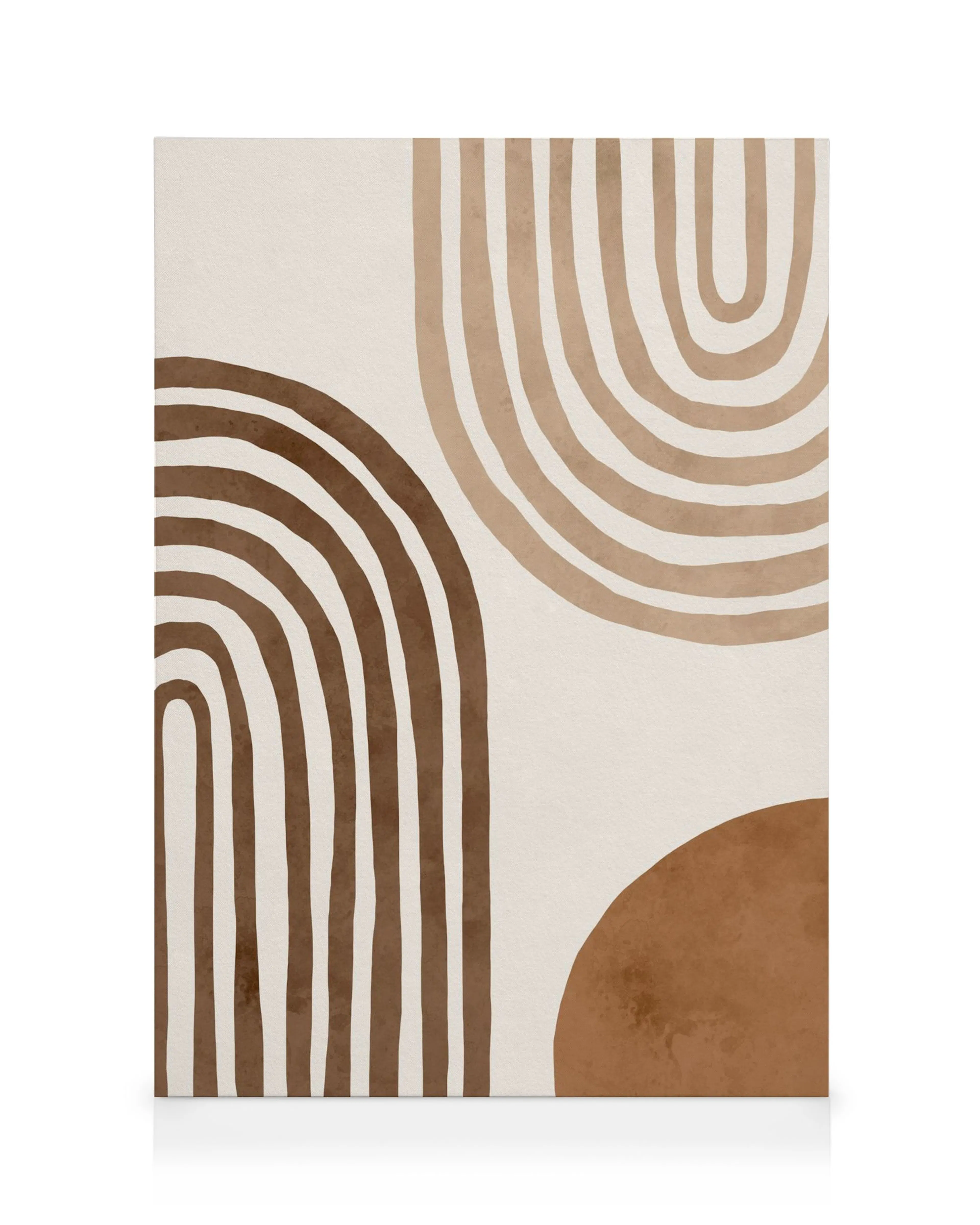Abstract canvas met organische boogvormen in bruin en beige op een lichte achtergrond.