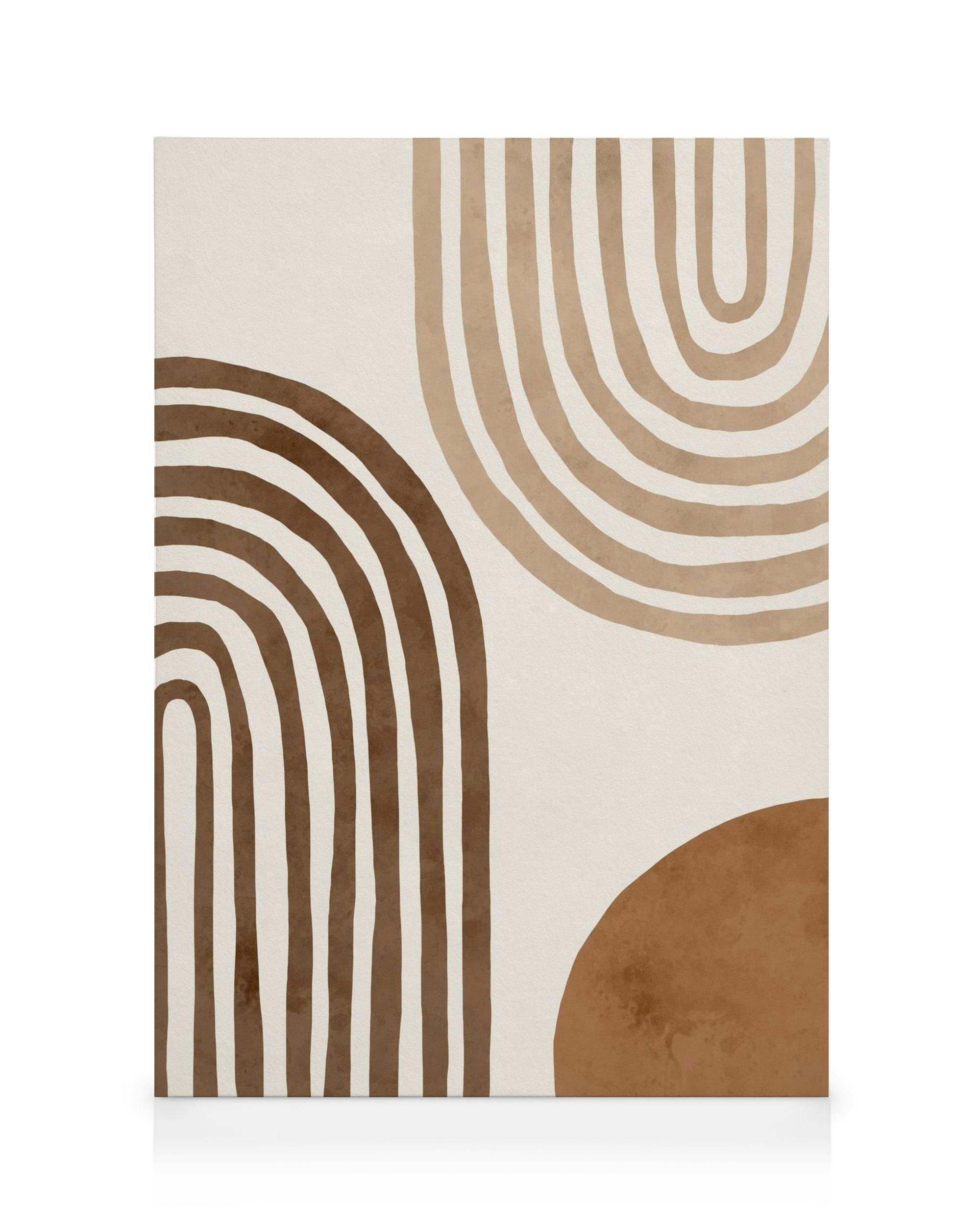A canvas featuring a minimalist design with brown arches and a solid brown semicircle on a light background.
