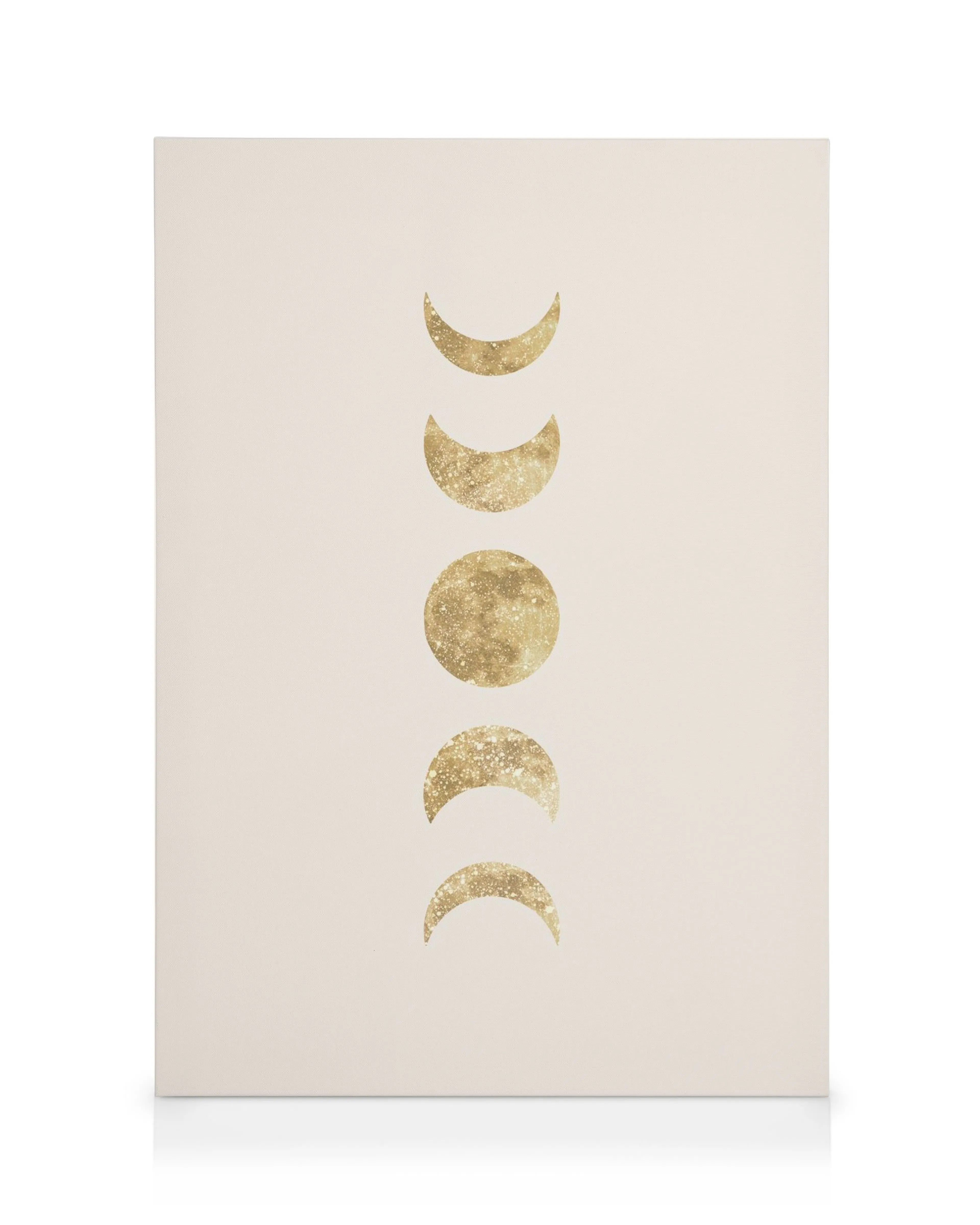 Een canvas met de fasen van de maan in goudkleurige glitter op een lichtbeige achtergrond.