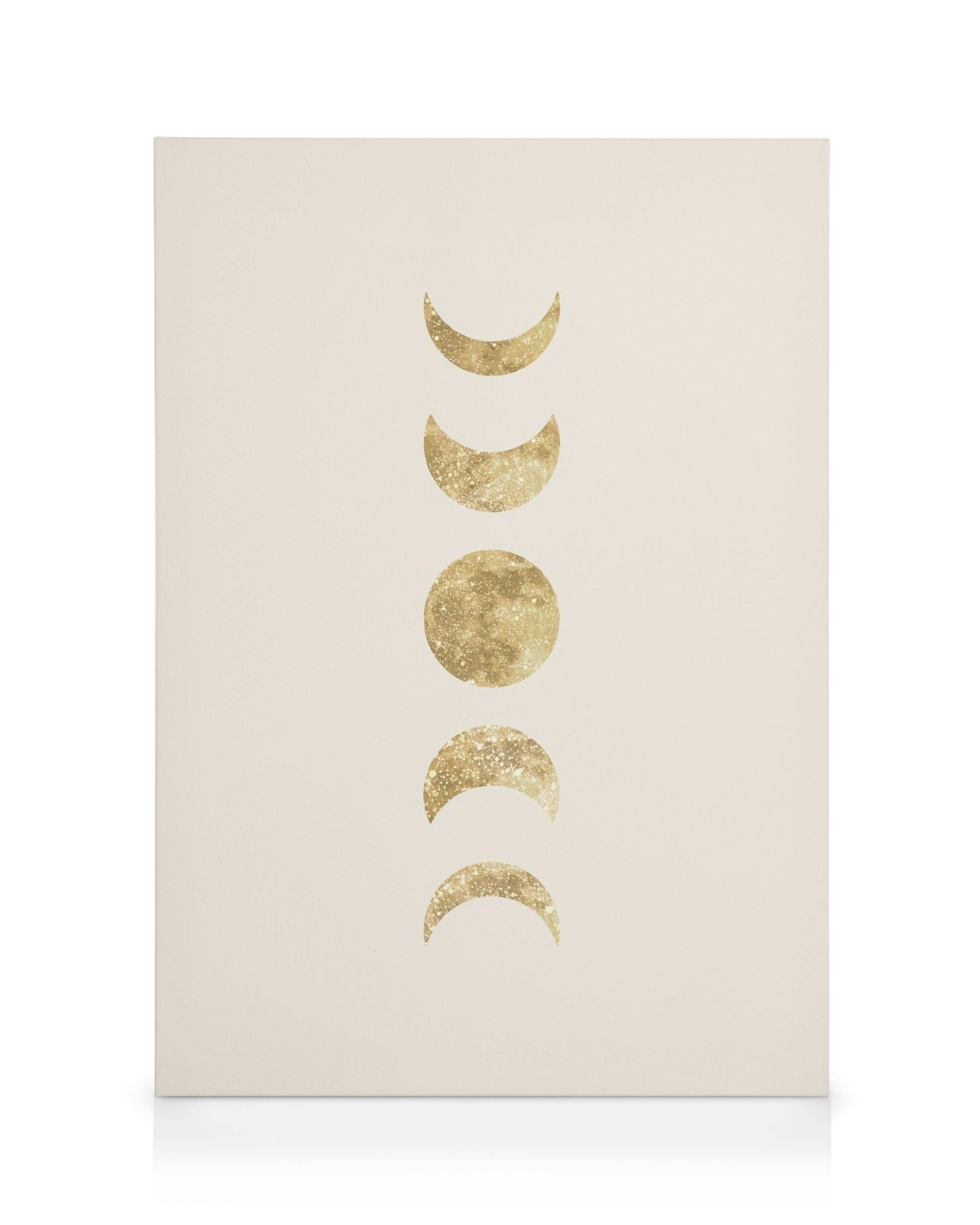 Lienzo con un patrón vertical de fases lunares en dorado brillante sobre un fondo blanco crema.