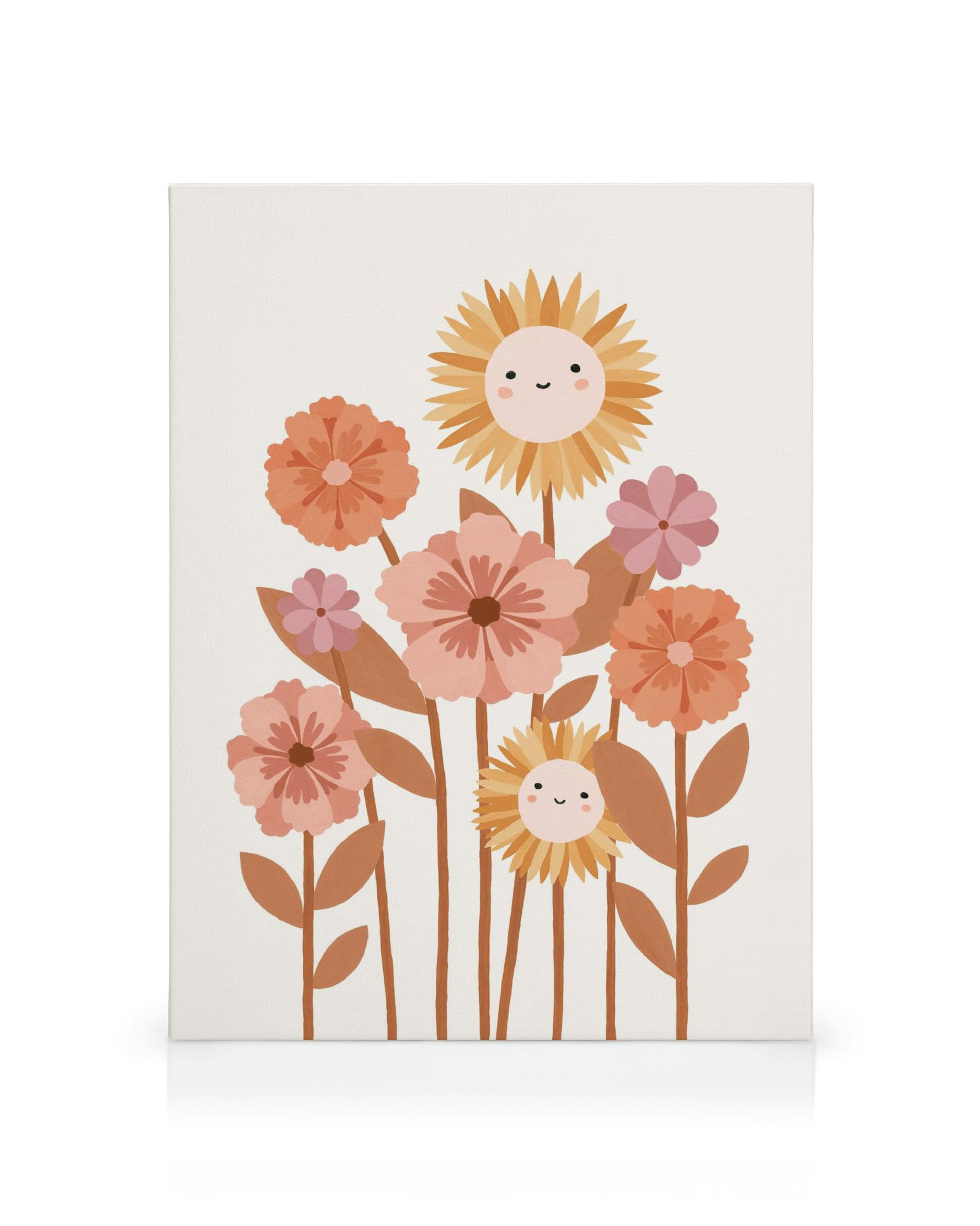 Toile murale décorative avec illustration de fleurs colorées aux tons de pêche, rose et orange.