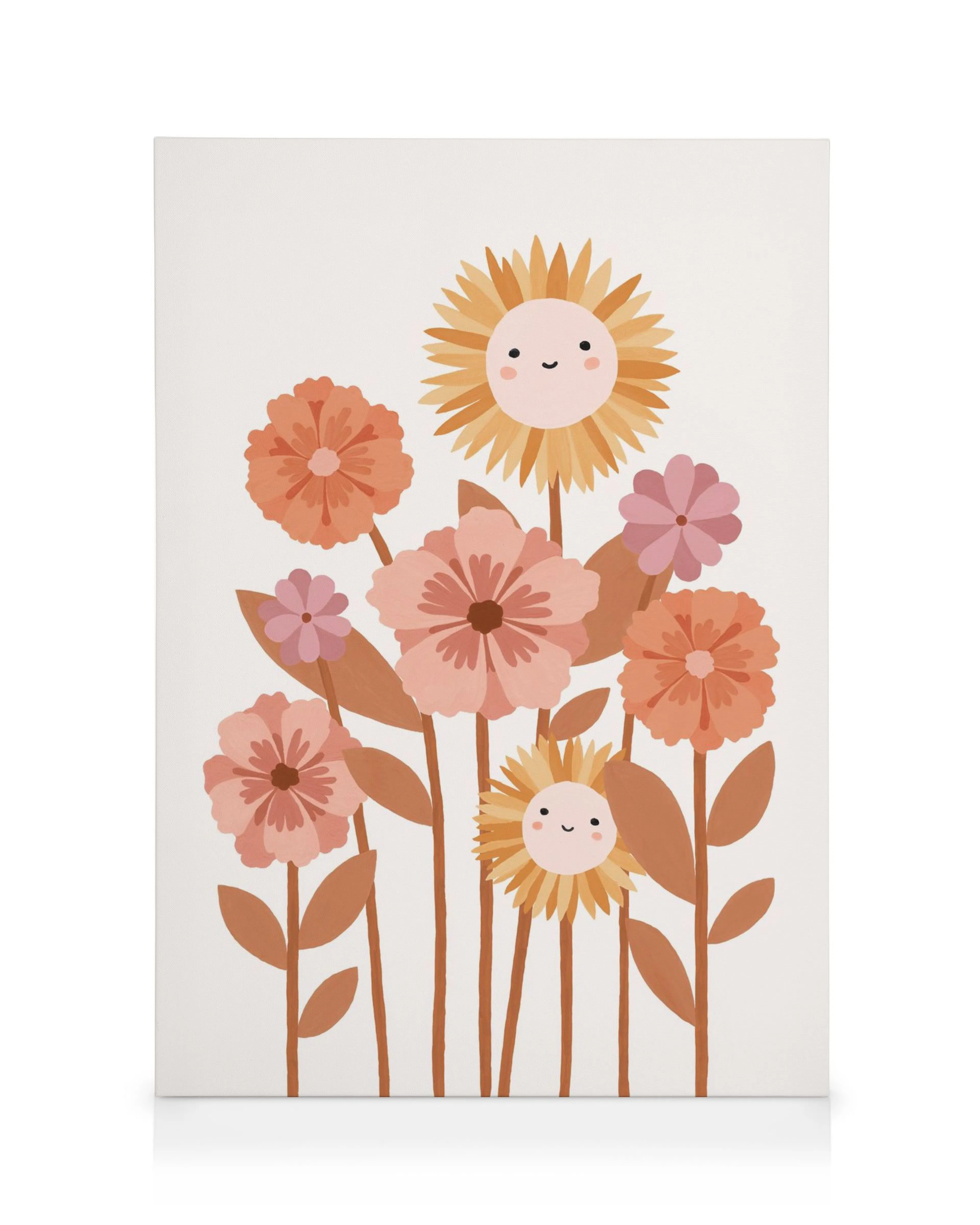 A canvas featuring a playful illustration of smiling sunflowers and various flowers in warm earthy tones.