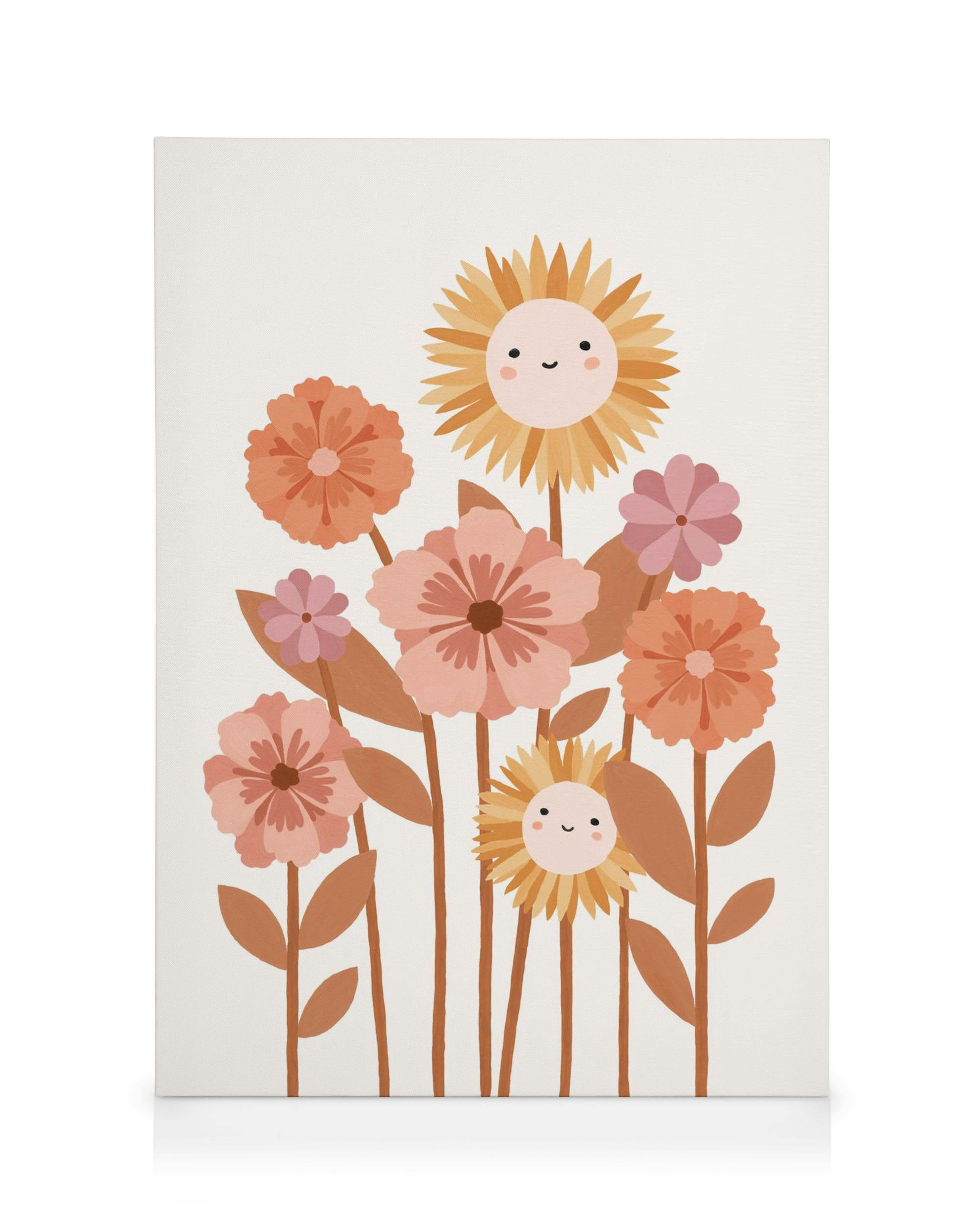Een canvas met een speelse illustratie van vrolijke zonnebloemen en bloemen in warme oranje en roze tinten.