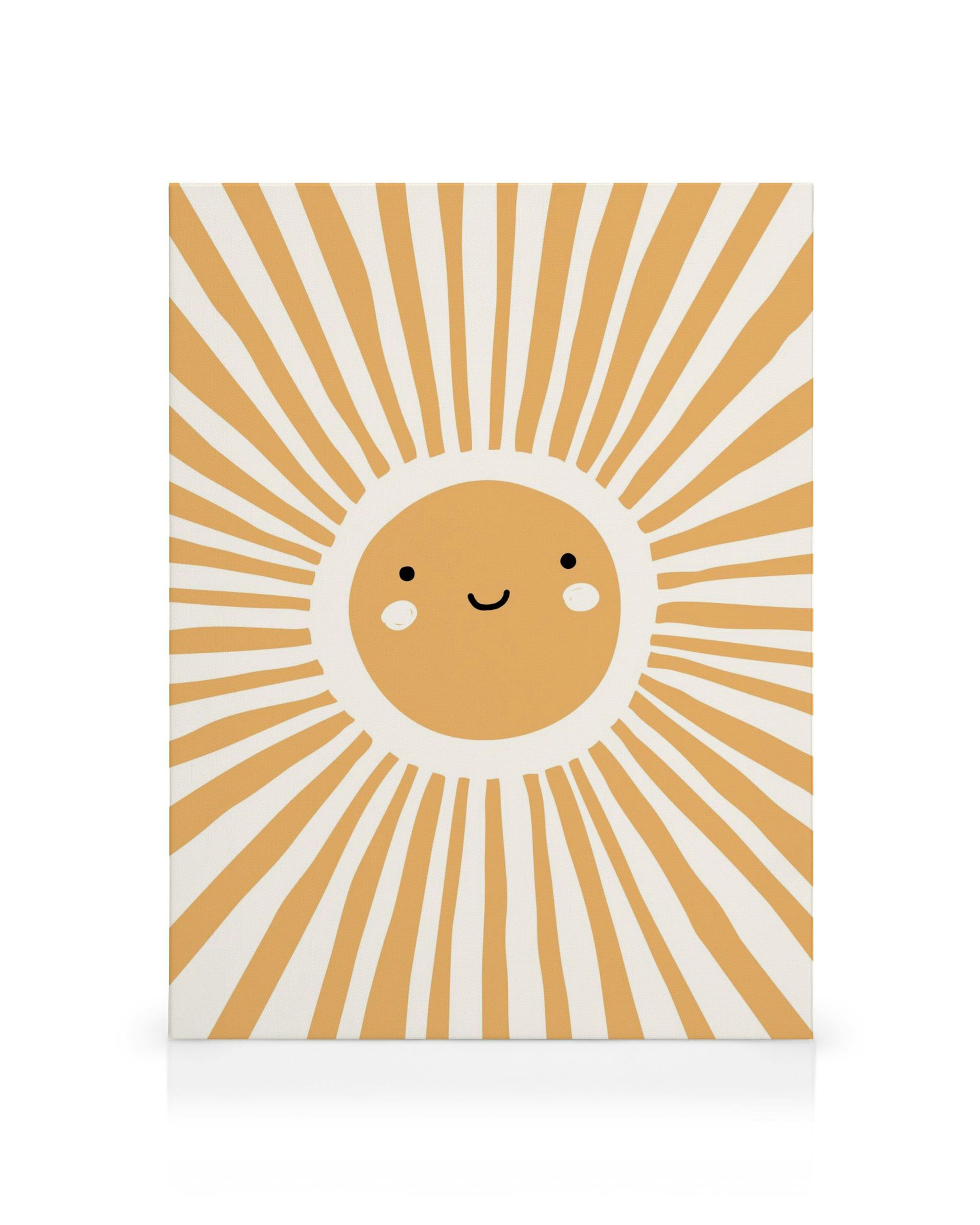 Toile murale : un soleil souriant orange avec des joues roses et des rayons de soleil sur fond blanc.