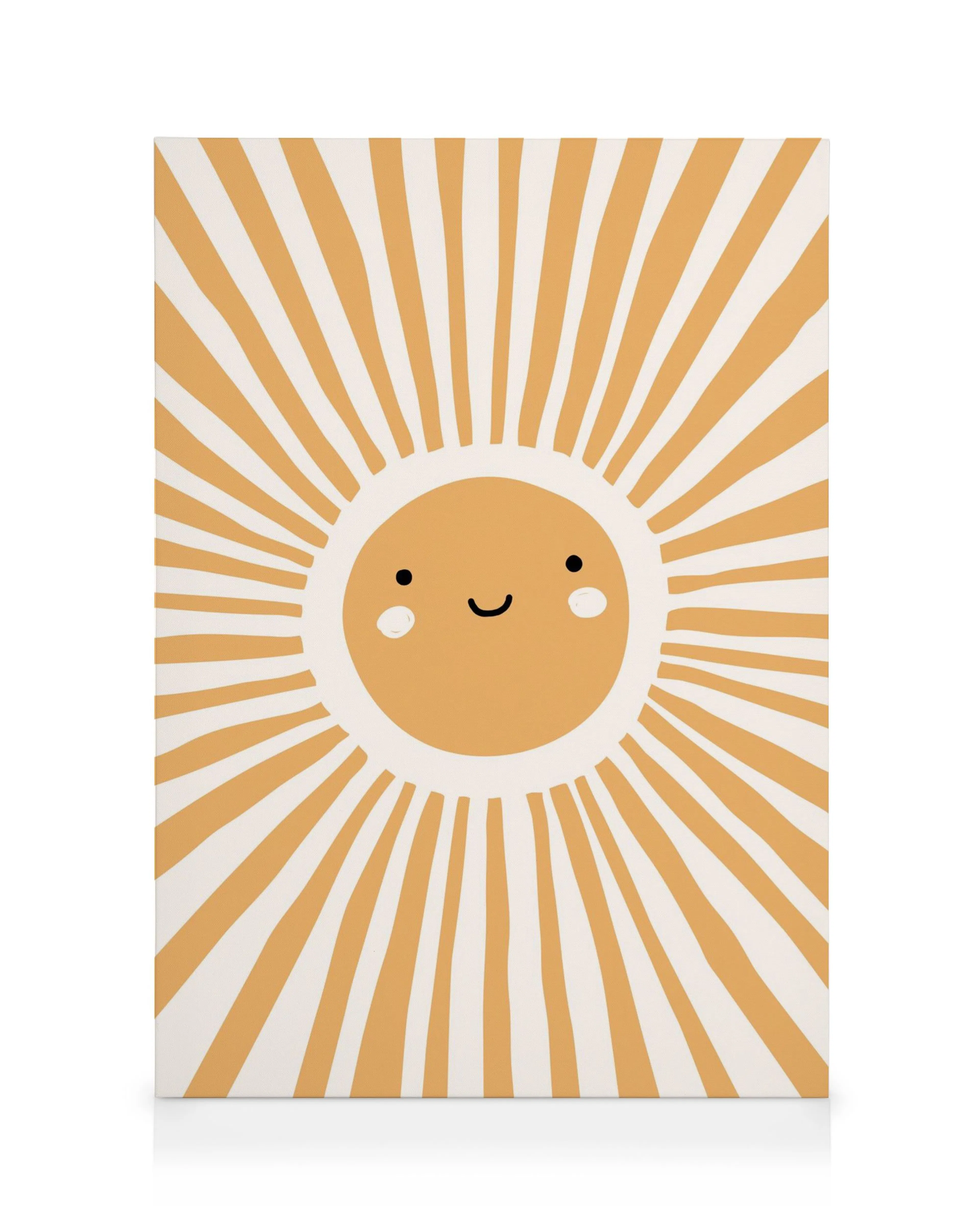 A canvas featuring a cheerful, stylized cartoon sun with a smiling face and radiating light orange and white rays.
