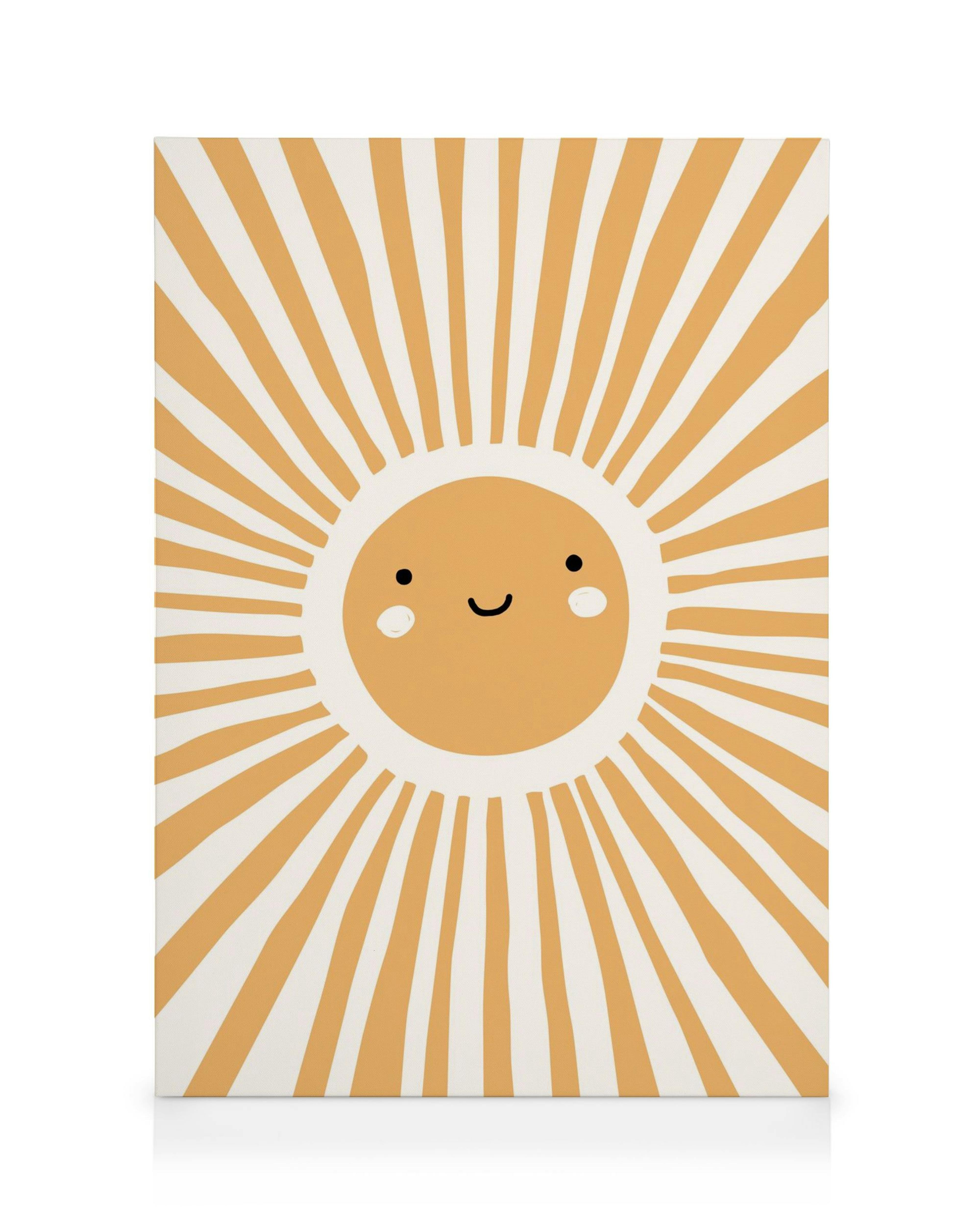 Een canvas met een vrolijke, lachende zon in oranje en wit, met stralen die naar buiten uitwaaieren.