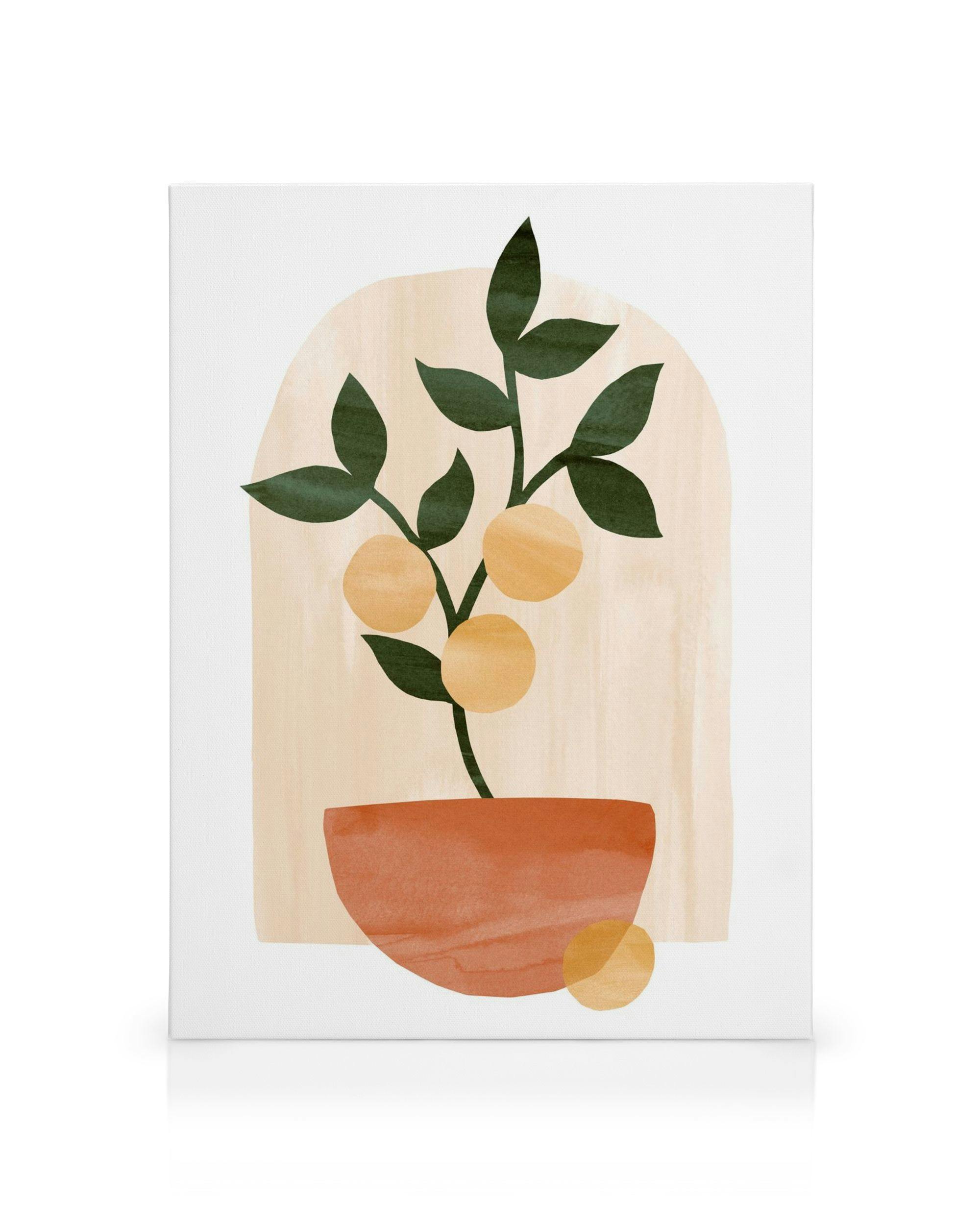 Canvas met een abstracte plant in een terracotta pot, met groene bladeren en oranje vruchten.