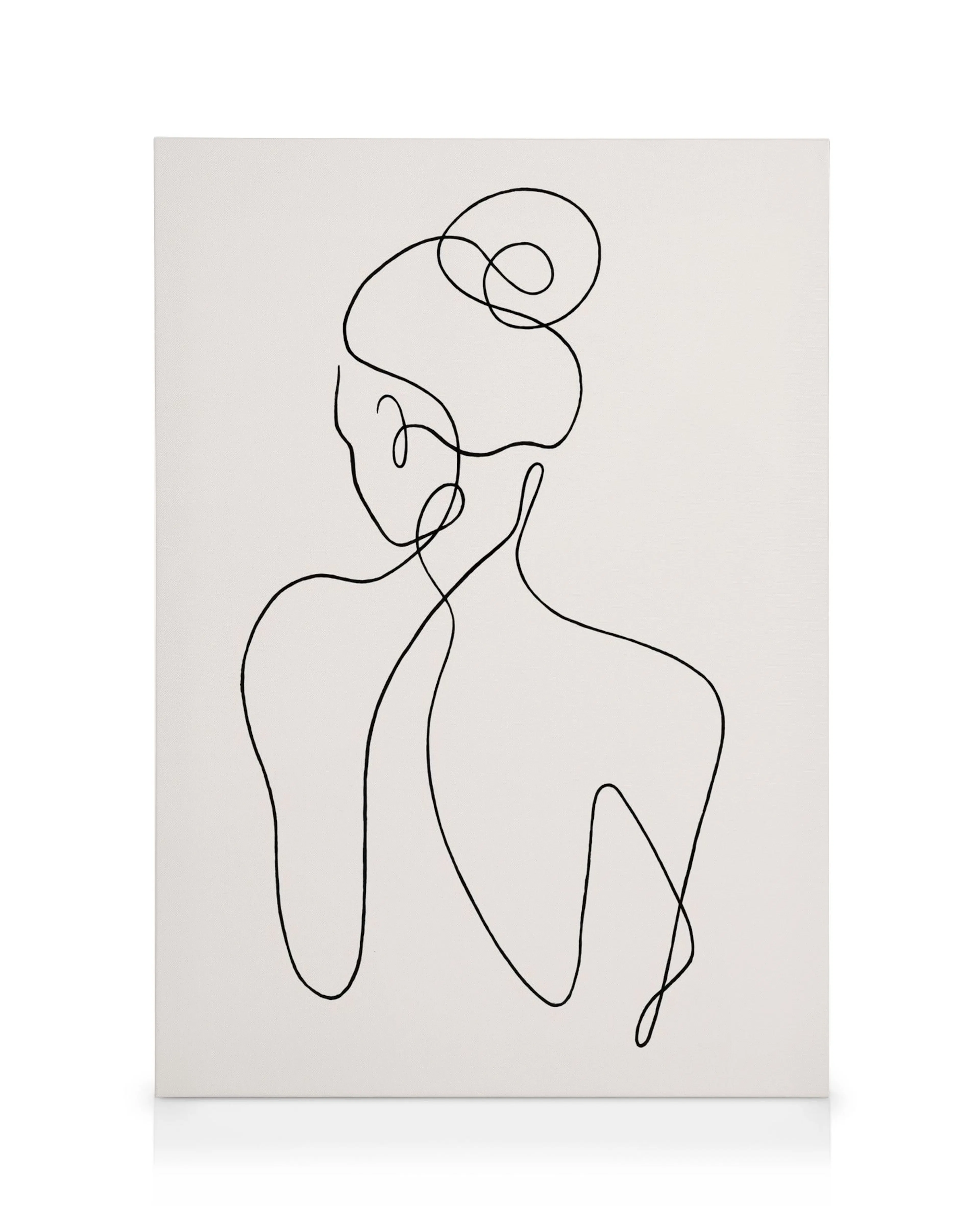 Een canvas met een minimalistische lijntekening van een vrouwenlichaam met opgestoken haar, vanaf de rug gezien.