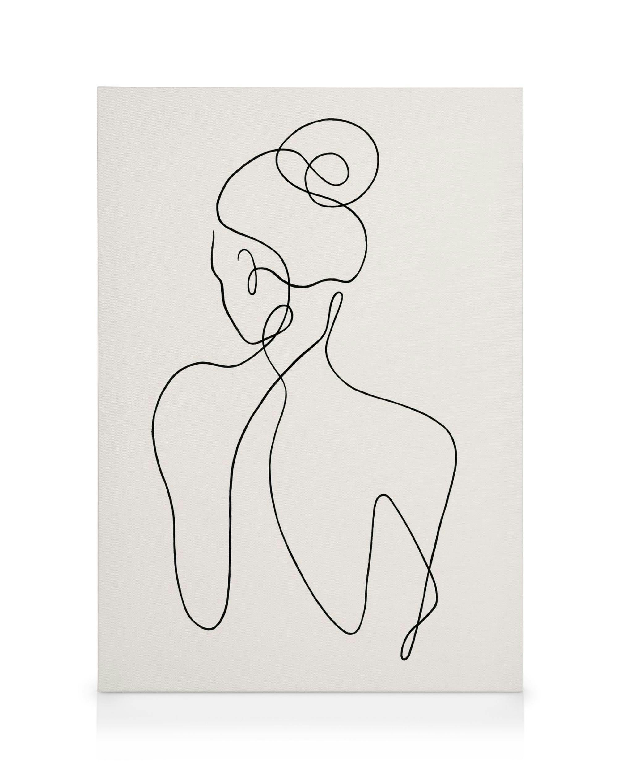 Et lærred med en minimalistisk sort-hvid stregtegning af en kvindes ryg og skulder, set bagfra.