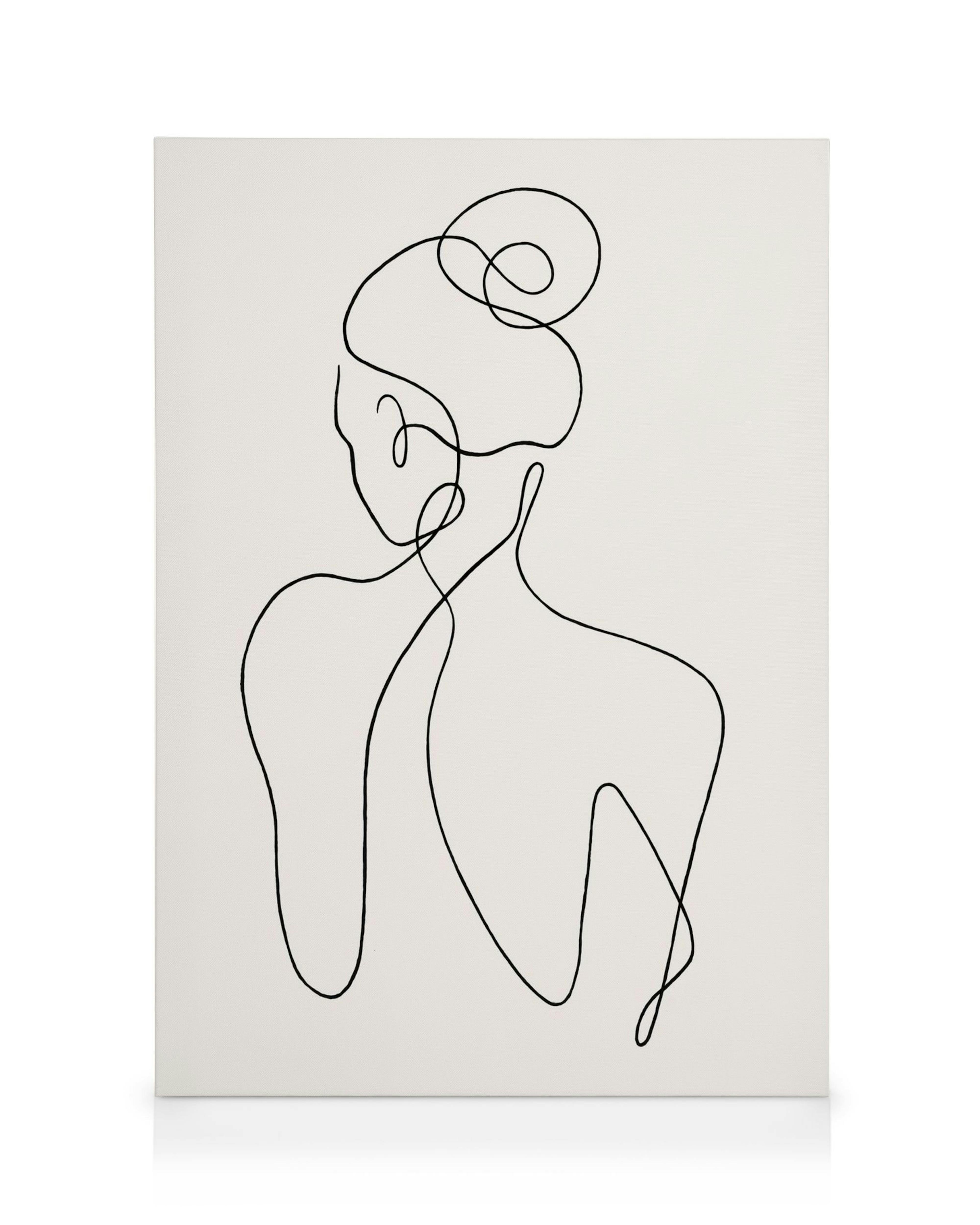 Et lærred med en minimalistisk sort-hvid stregtegning af en kvindes ryg og skulder, set bagfra.